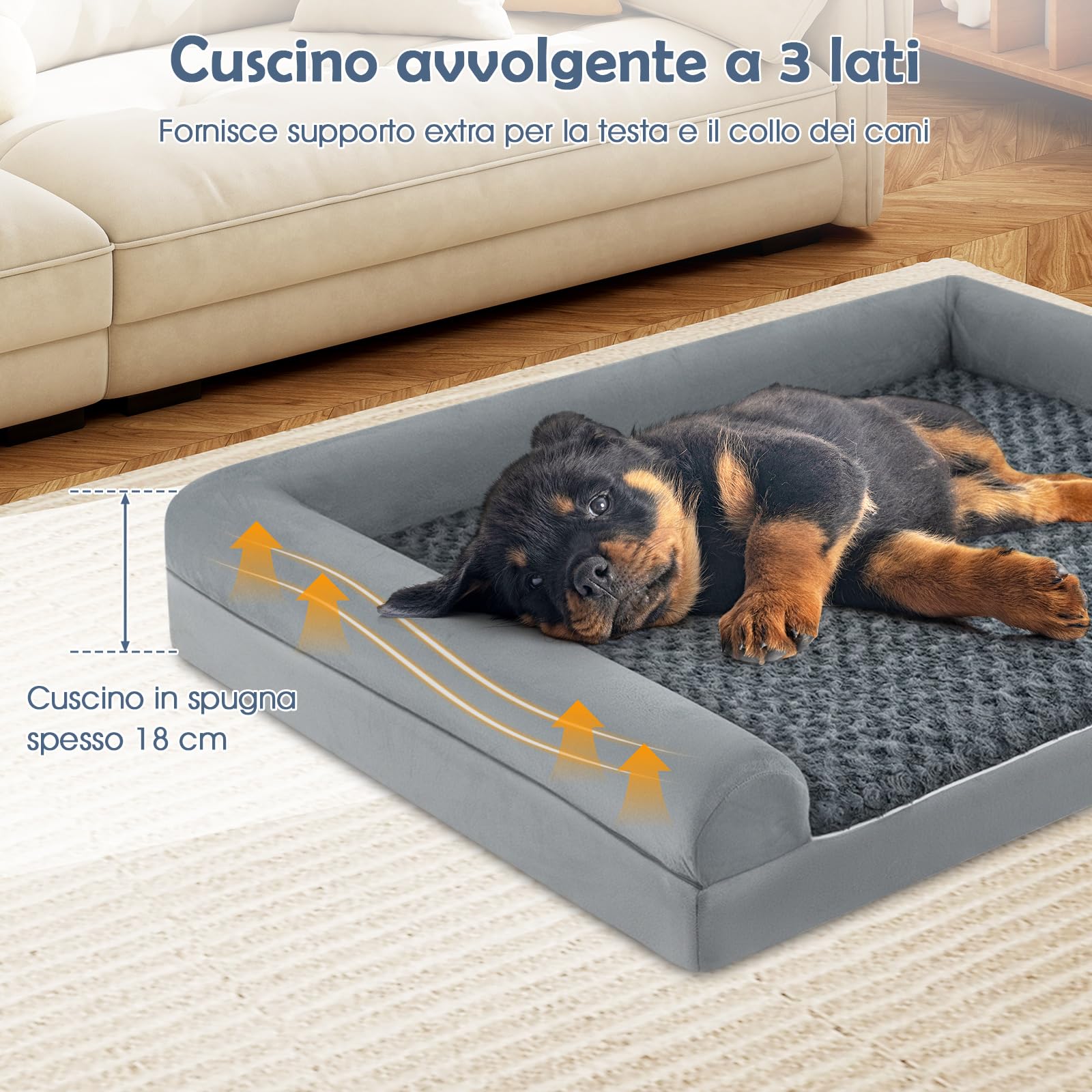 COSTWAY Cuccia Cane Interno in Schiuma, Brandina per Cani con Cuscino, Copertura Rimovibile e Tessuto Interno Impermeabile, Lettino per Animali Domestici, Grigio (122 x 89 x 18 cm)