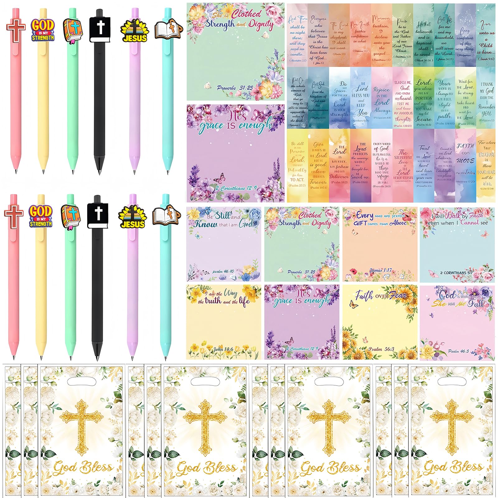 Yrmysrx 66Pcs Christian Bible Party Stationery Favors Set with Verse Sticky Note Ballpoint Pens Bookmarks and Goodie Bags for Christian Jesus Themed Party Supplies Decorations Religious Gift