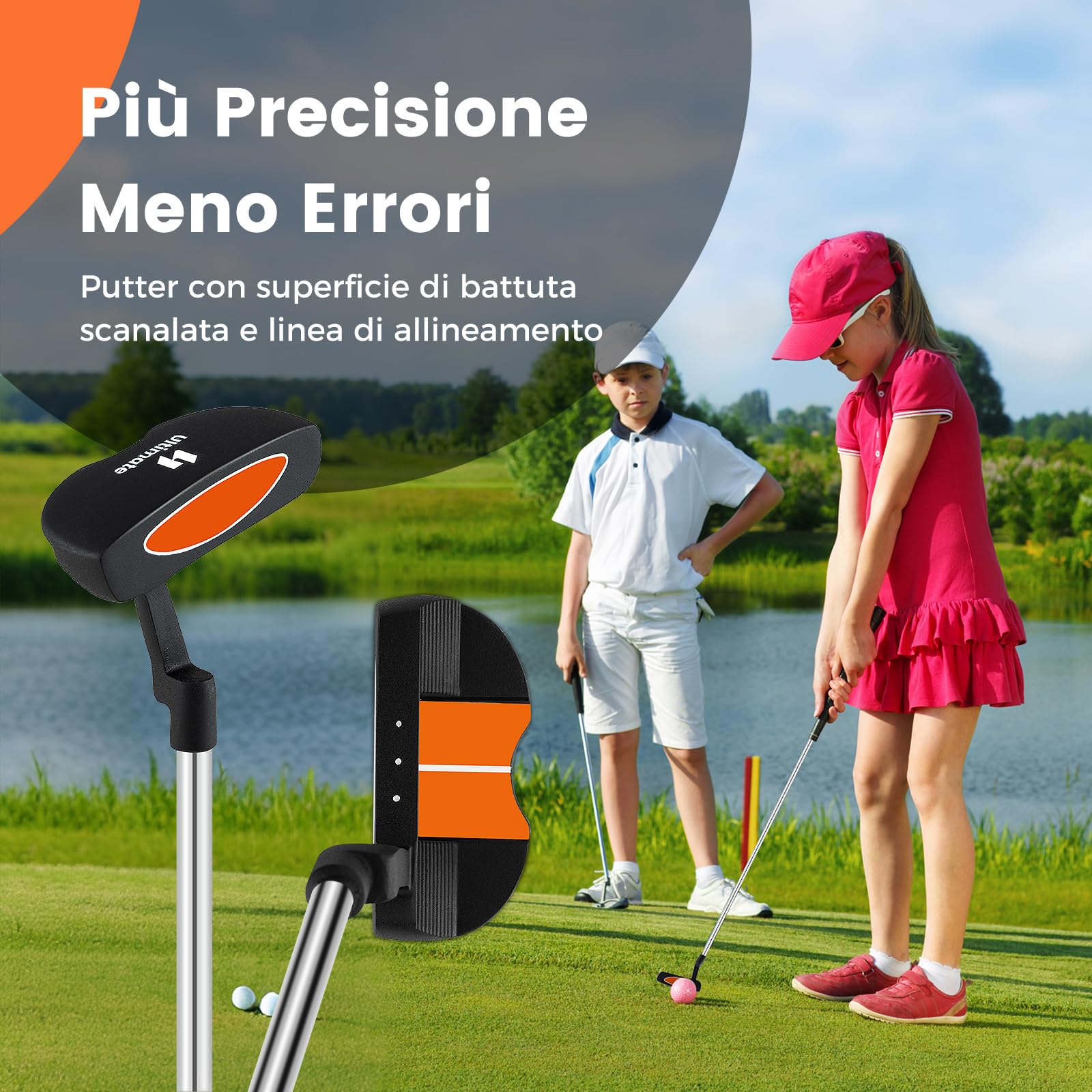 COSTWAY Set Completo di Mazze da Golf per Bambini, Inculude Fairway 3, Ferri 7 e 9, Putter, Copritesta, Borsa Portatile e Cappuccio Antipioggia, Set da Golf per Destrimano