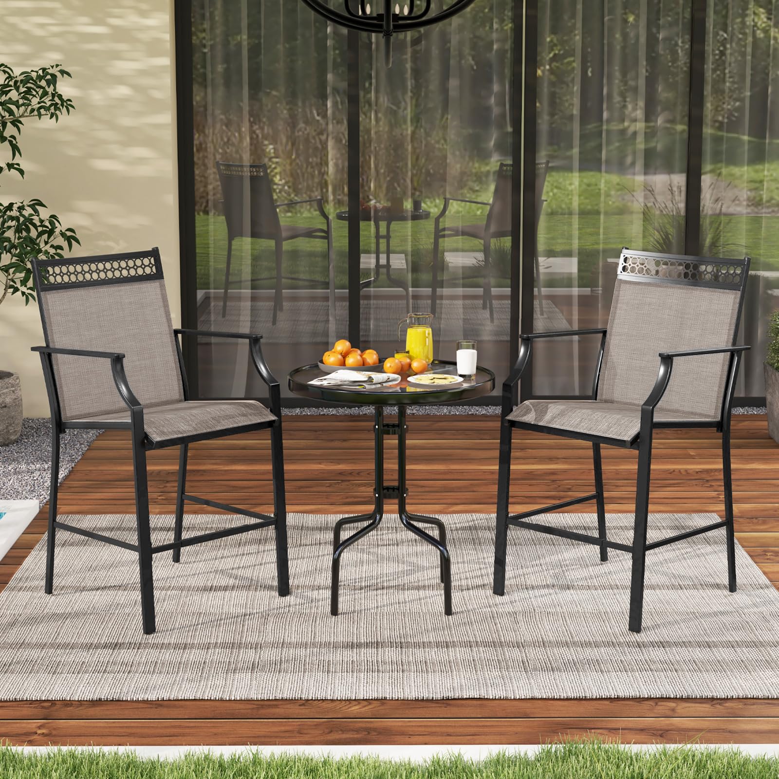 KOMFOTTEU Juego de 2 Sillas de Jardín, Silla Alta de Tela con Marco de Metal, Taburete de Bar con Respaldo y Reposabrazos, Silla de Comedor con Carga 180 kg para Terraza, 66 x 62 x 114 cm (Café)