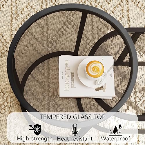 Miniatura 5 de Juego de 2 mesas de centro de cristal, mesa auxiliar moderna negra, mesa central de anidación para sala de estar (negro)