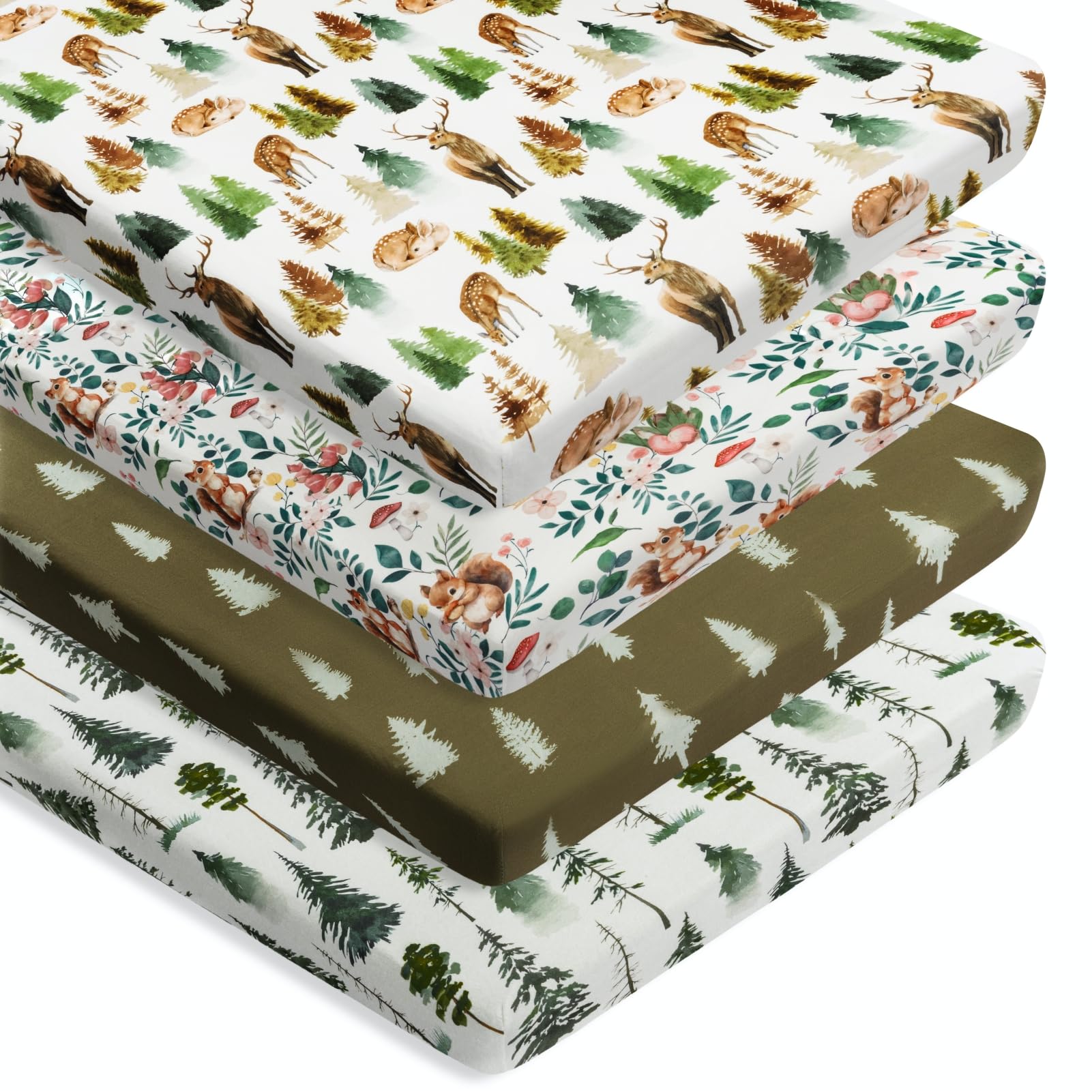 4 Pack N Play Sheets Woodland Forest Animals Wood Neutral Unisex Fitted Baby N Play Sheets Fitted for Standard Pack and Plays and Mini Cribs Set for Baby Boys or Girls (Cartoon Fox)