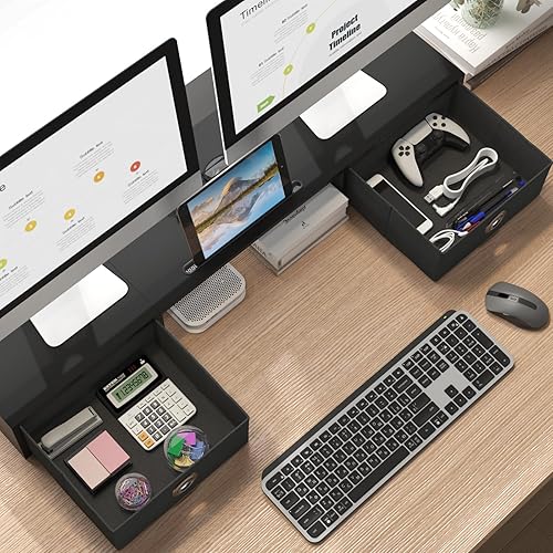 Miniatura 2 de WESTREE Soporte elevador de monitor doble con dos cajones, soporte de monitor de almacenamiento extra grande para 2 monitores, soporte de escritorio