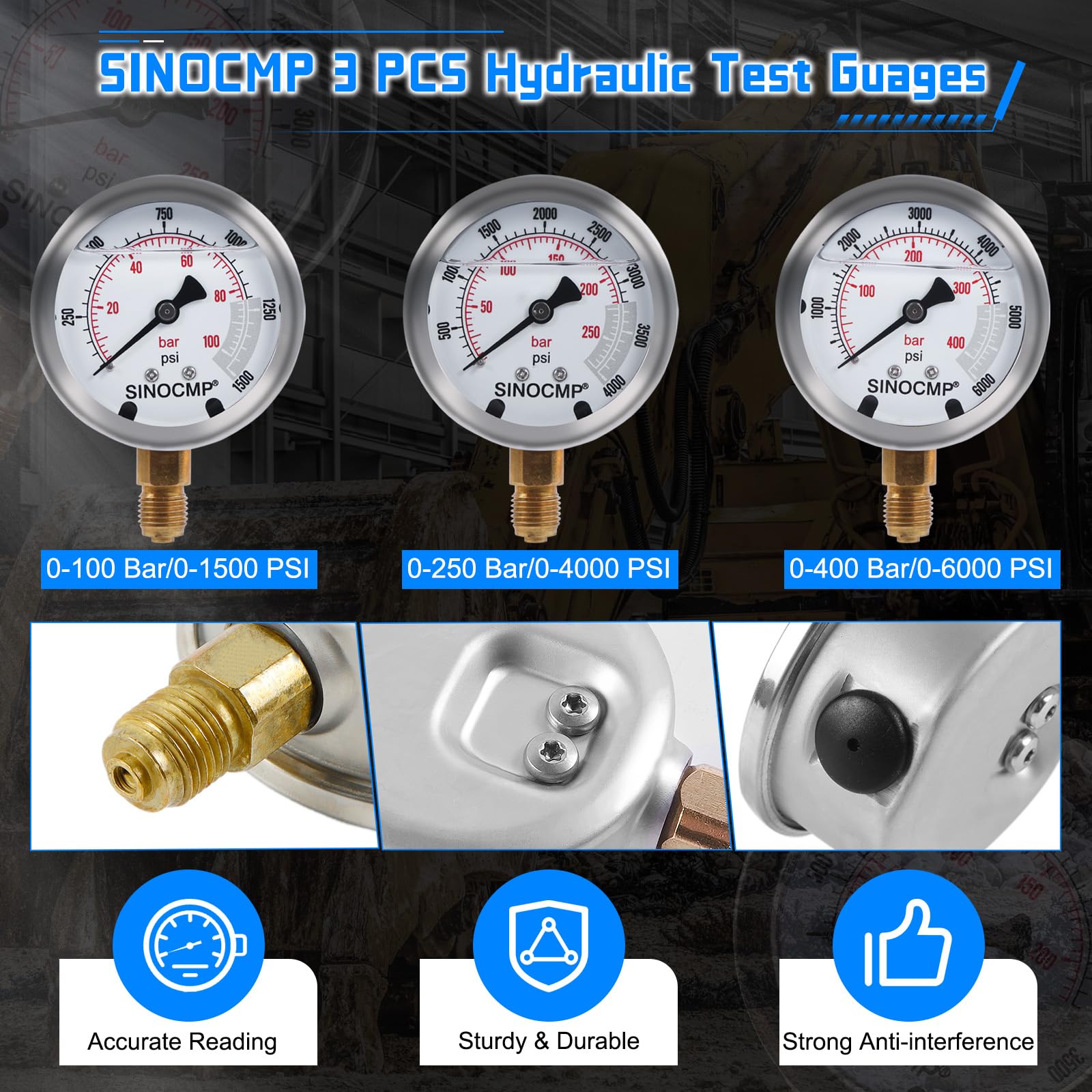 Kit de test de pression pour manomètre hydraulique SINOCMP 6 raccords 3 flexibles de test longs de 160 cm et 3 manomètres 10/25/40 MPA pour excavatrice
