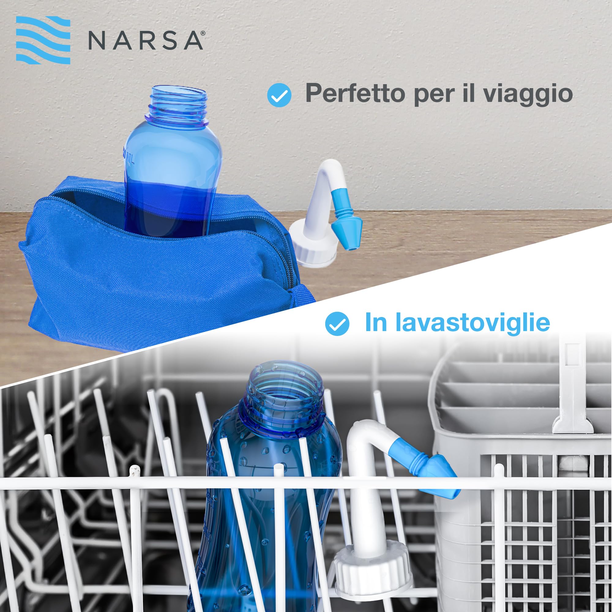 NARSA Doccia Nasale con 30 x Sale ∙ Lavaggio Nasale Adulti e Bambini ∙ Vasetto da Pulizia Nasale Premium