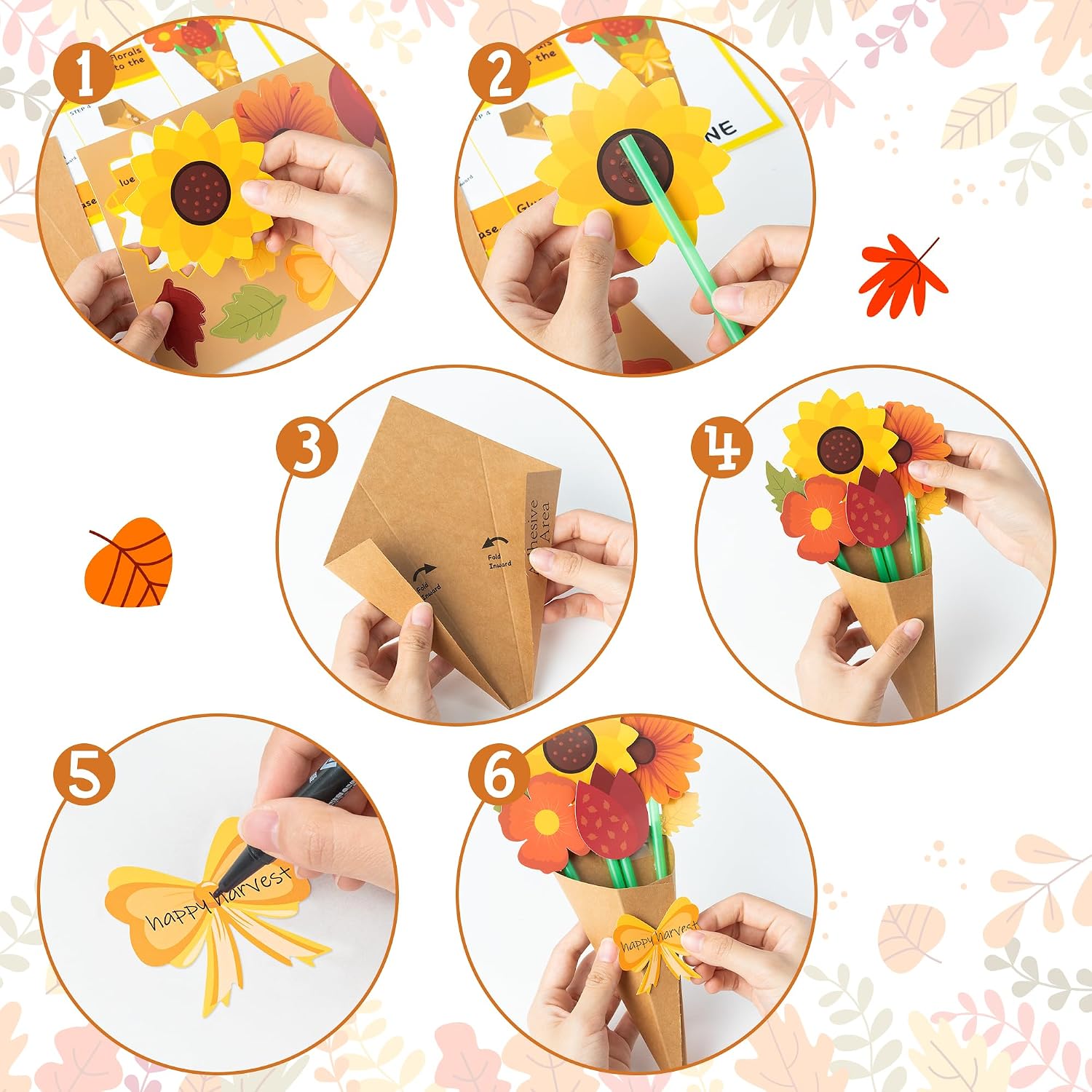 BeYumi Flower Bouquet Craft Kit - 72Pcs Fall Flower Bouquet Craft for Kids Make Your Own Thankful Fall Florals Kit Autumn Thanksgiving Appreciation DIY Gift Set School Classroom Home Fun Activities
