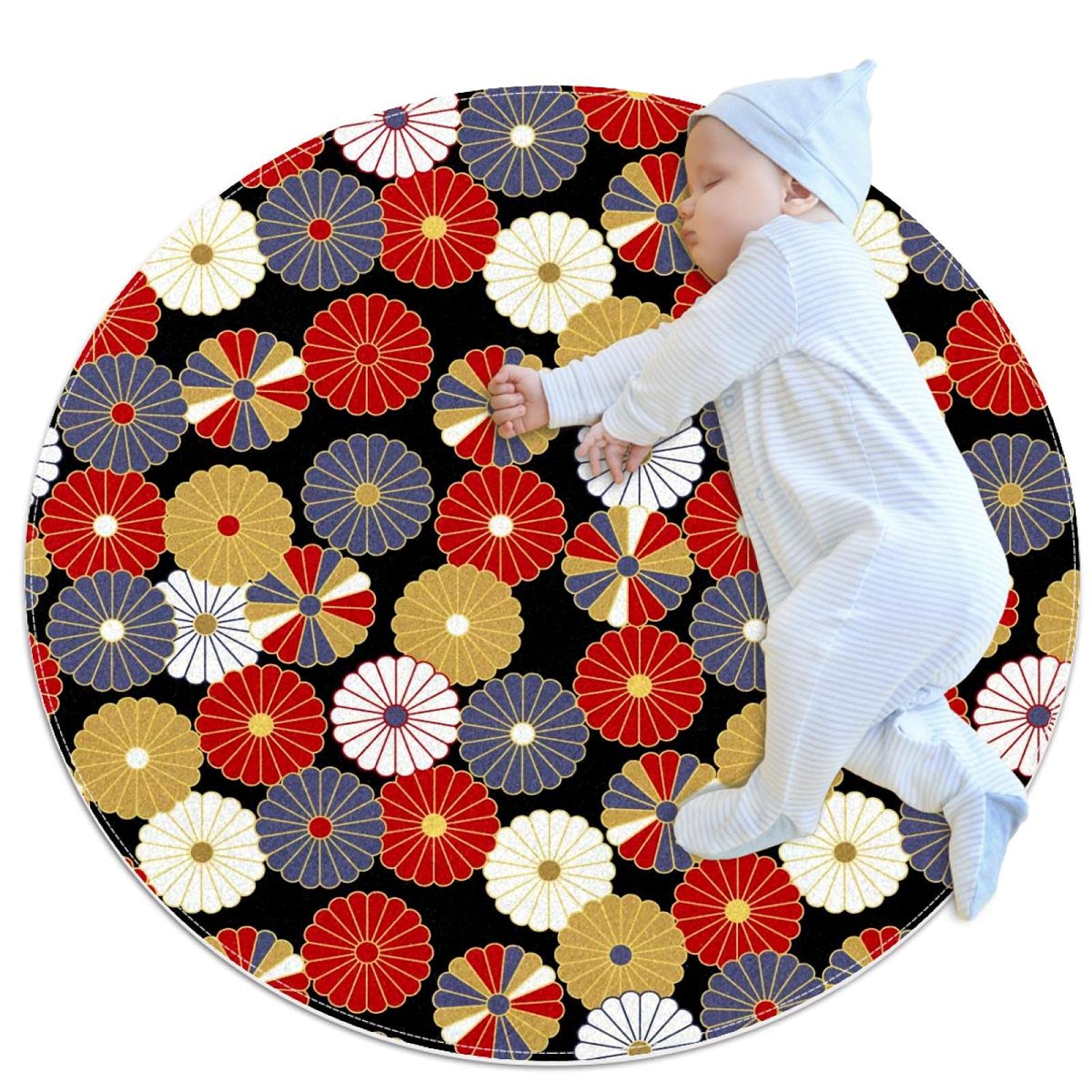 Tapis rond chambre 100x100cm déco fleurs japonaises salon et salle de jeux JDEZ