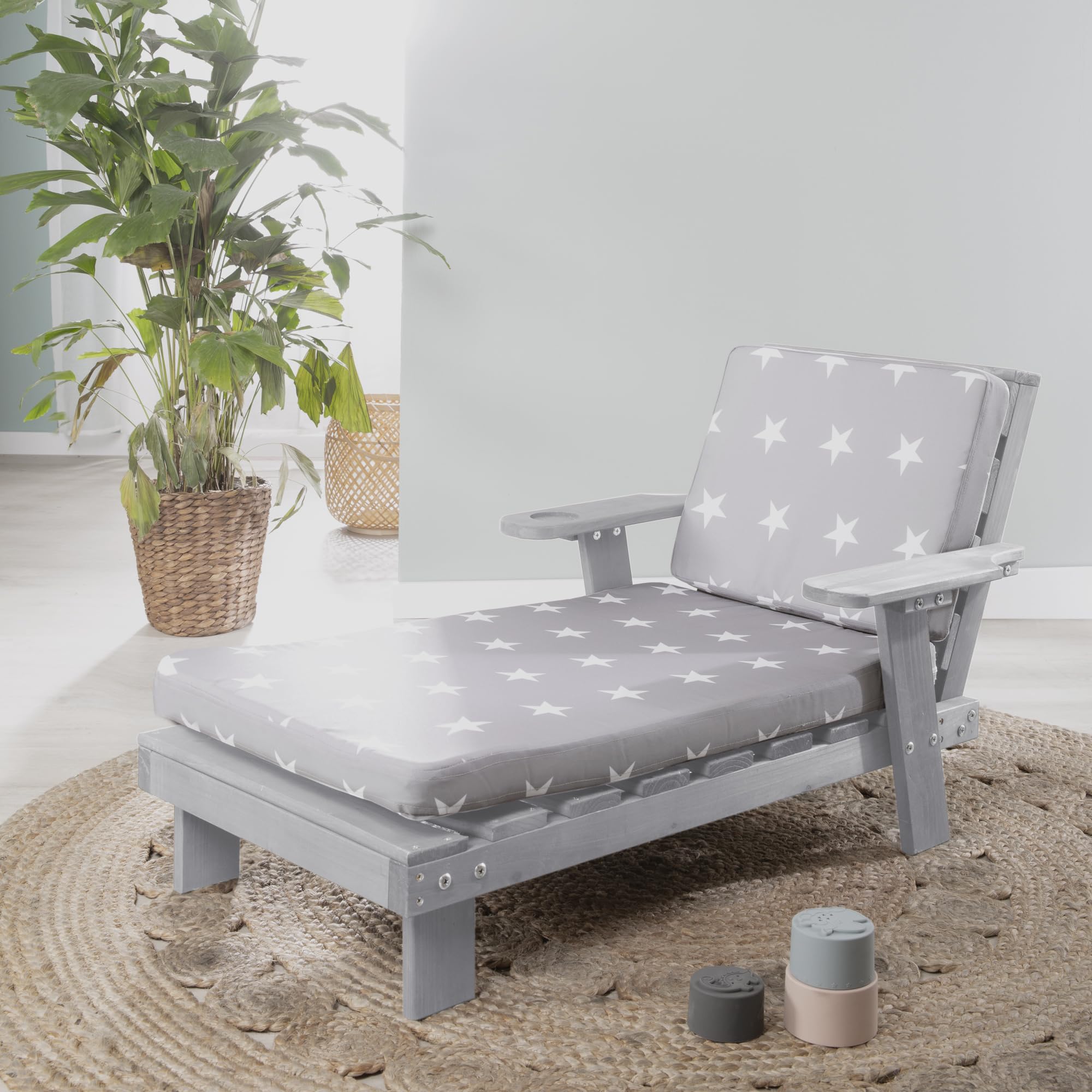 roba Sdraio per Bambini con Cuscini Little Stars - per Esterno, Giardino, Terrazza, all'Aria Aperta - Resistente alle Intemperie - con Portabicchieri - Certificato FSC - Legno Laccato Grigio