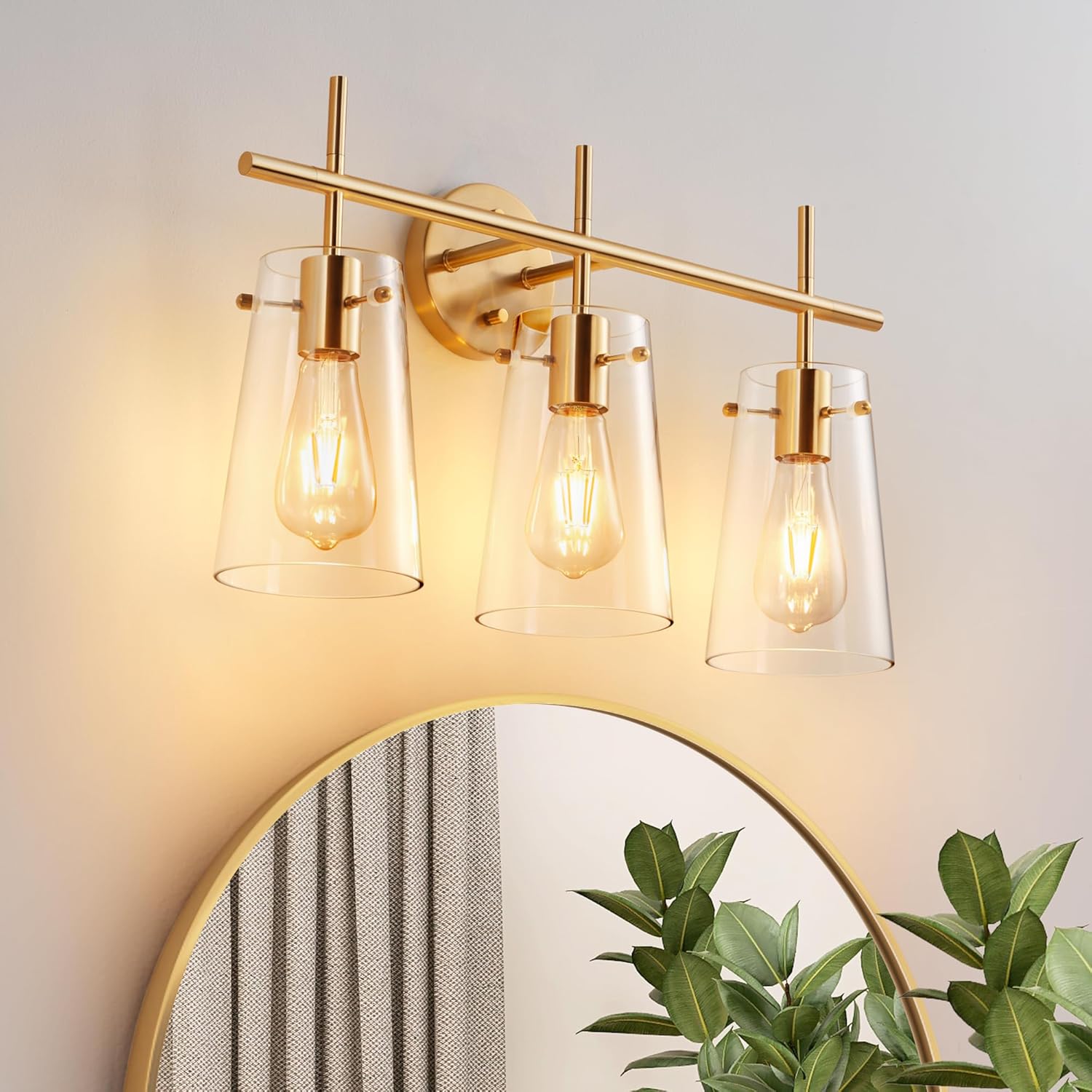 3 Light Gold Vanity Light, Modern Gold Wall Sconce, Tapered Glass Shade Gold Bathroom Vanity Light for Living Room | Bathroom | Bedroom Gold 3 Light Vanity Light Fixture