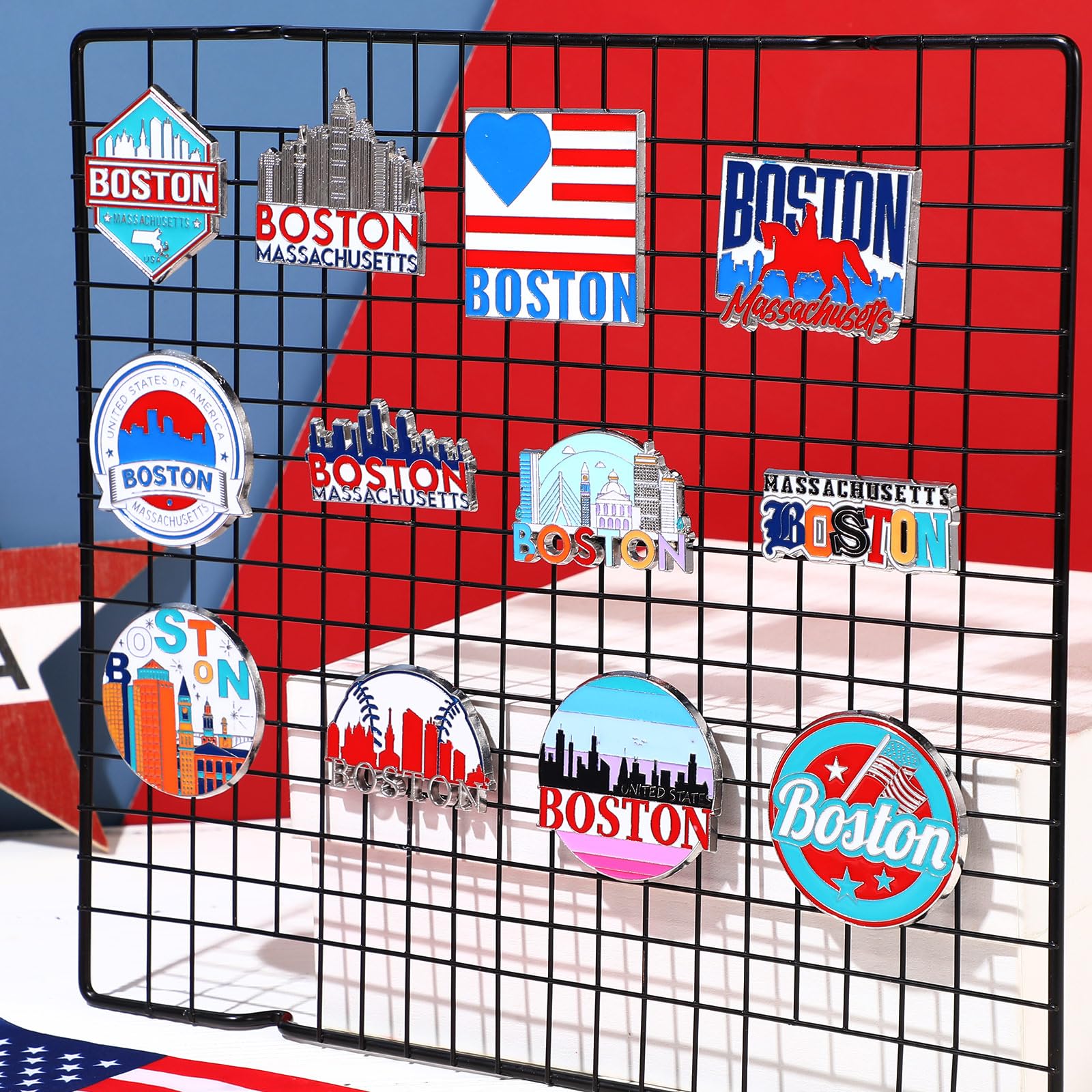 Konohan 12 Pcs Boston Magnets for Refrigerator Metal USA Fridge Magnet Magnetic Boston Souvenirs Gifts USA State Magnetic Refrigerator Stickers, Massachusetts, Baseball