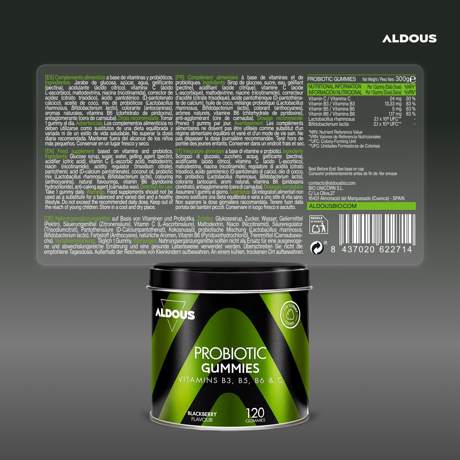 Probióticos Intestinales Gominolas - 120 Gummies sabor natural a Mora - Flora intestinal, Gases, Hinchazón - Bifidobacterium, Lactobacillus, Vitamina C, B3, B5, B6 - ALDOUS
