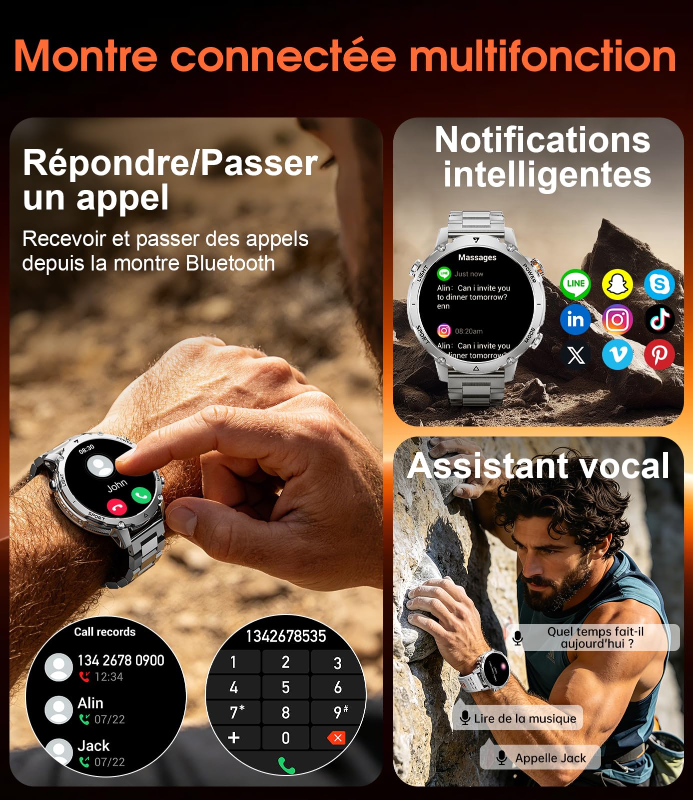 SUNKTA Montre Connectée Homme 1400 mAh 20 Jours Autonomie Grande Batterie 1,7″ HD Appels Bluetooth Militaire Smartwatch Homme pour iOS Android, Moniteur de Fréquence Cardiaque/Sommeil/Lampe LED,Argent