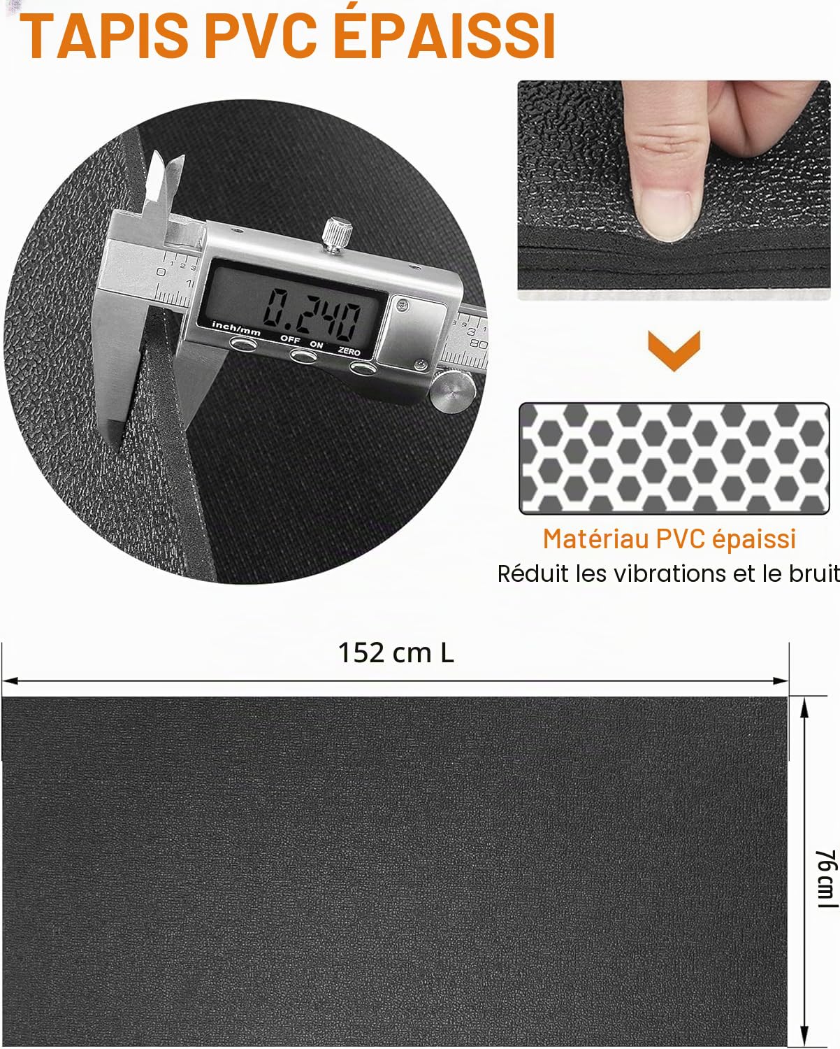 Tapis de protection de sol pour tapis de course, tapis de sol de gym, équipement d'exercice 152 cm × 76 cm × 6 mm d'épaisseur pour vélo d'appartement, vélo de spinning, banc de musculation, équipement
