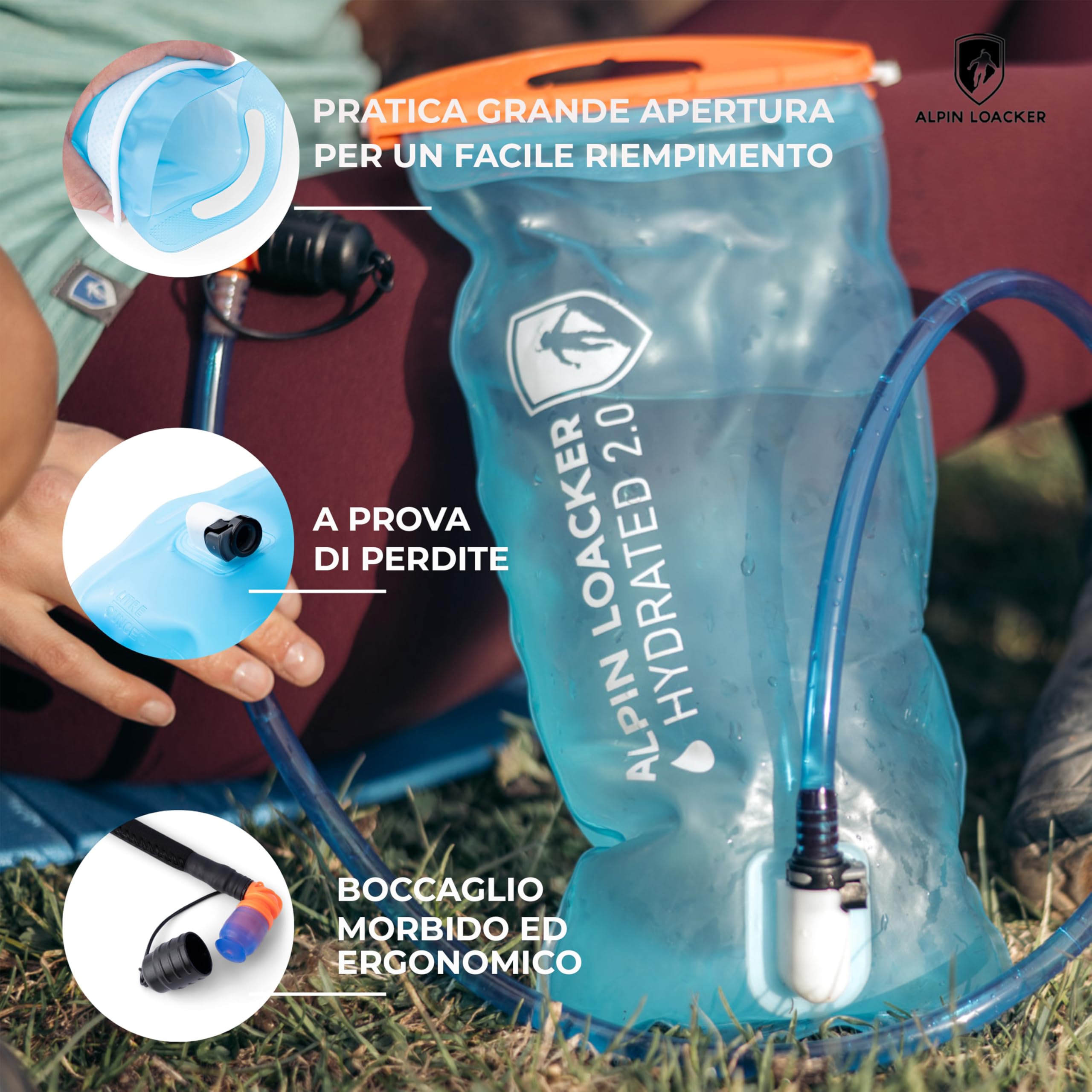 ALPIN LOACKER Bolla d'acqua per esterni con tubo per bere, super leggera, per sport, escursioni e attività all'aperto, sistema di idratazione senza BPA, zaino leggero