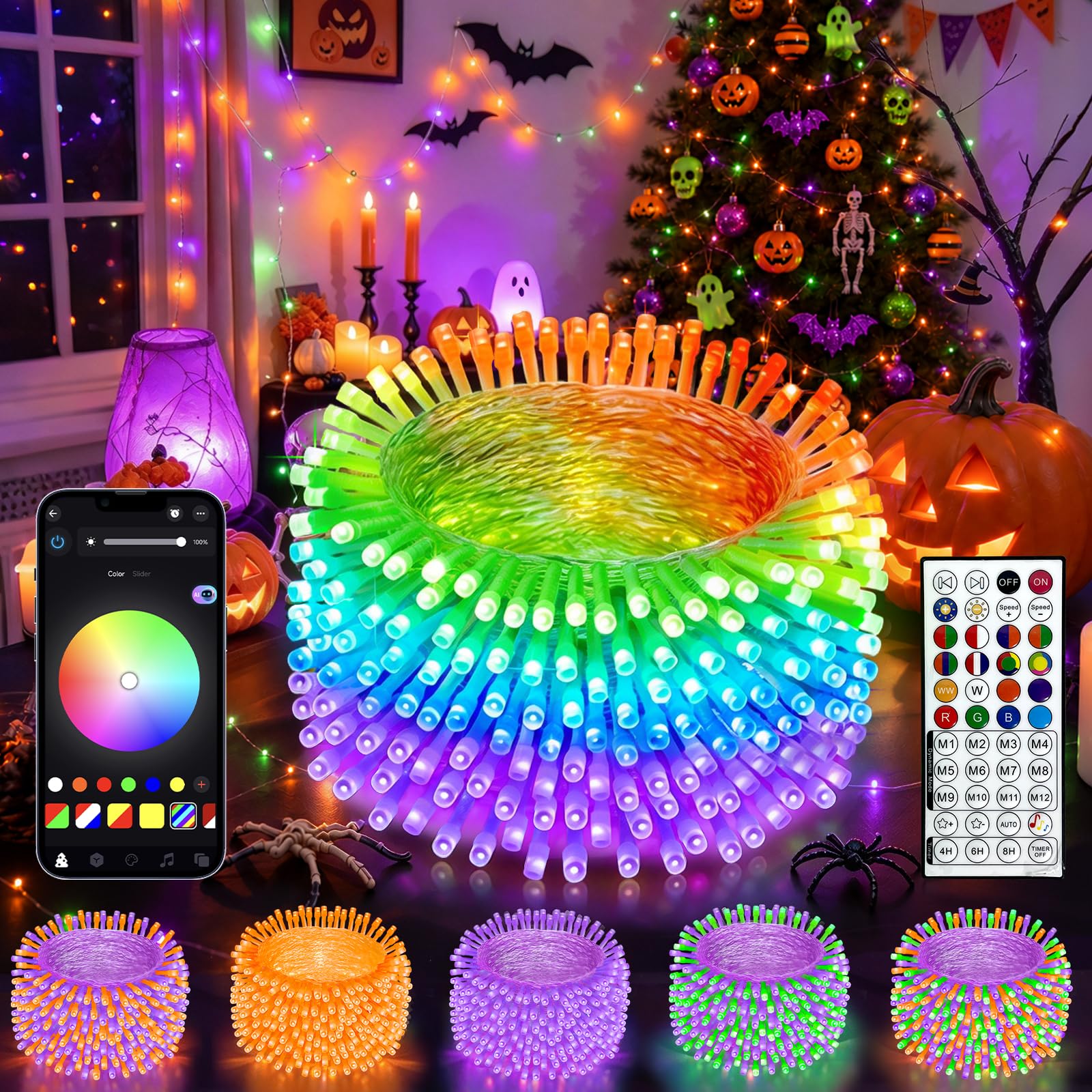 66 FT Halloween Twinkle Lights IP44 Waterproof, Timer, Music Sync, Multiple Colors & Modes, Outdoor Christmas Fall Decoration 200 LED Smart RGB Color Changing String Lights APP & Remote for Halloween
