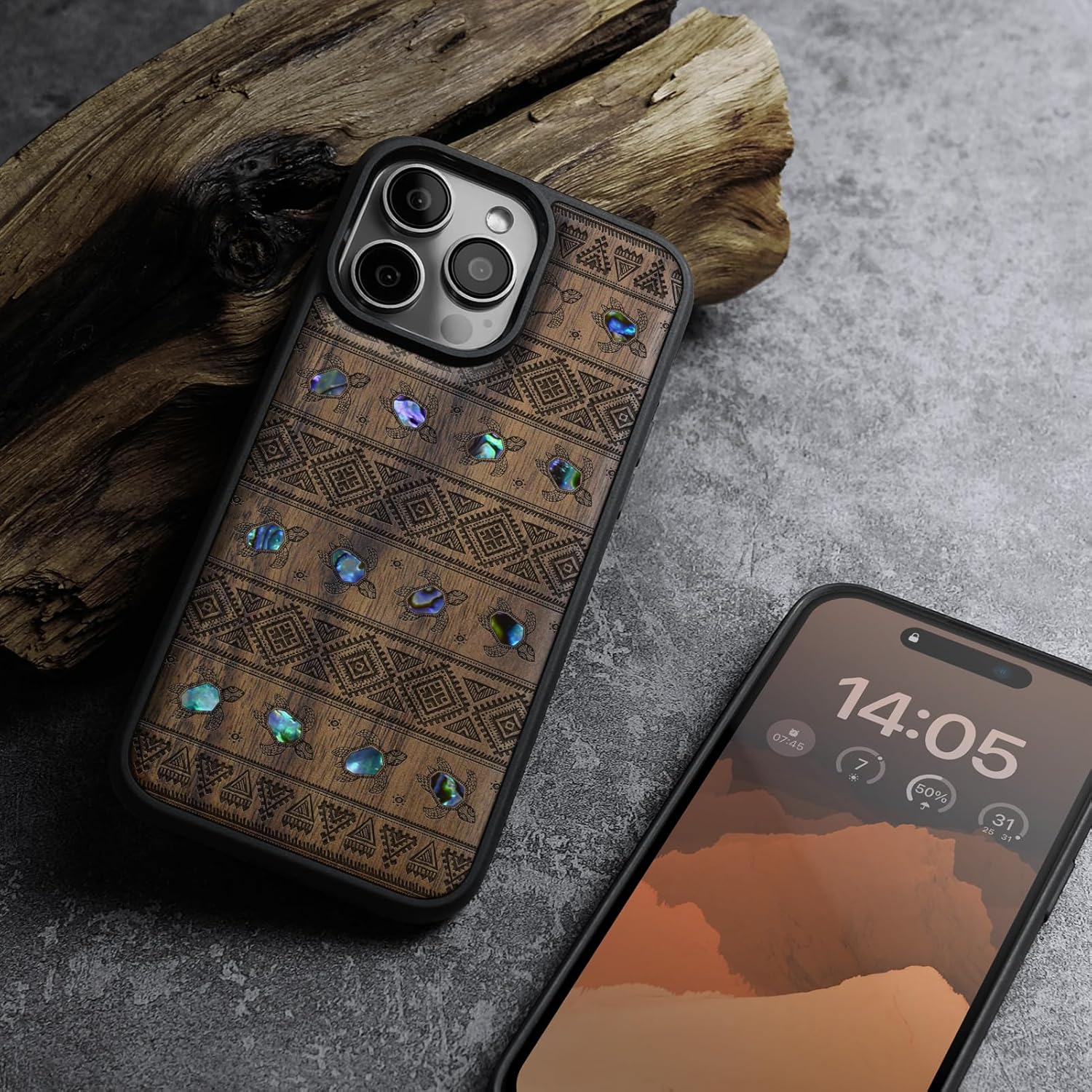 Carveit Magnetic Case for iPhone 16 Pro Max Case, Wood Artisan Engraved & Handmade Shell Inlaid, TPU Shockproof Cover, Compatible with MagSafe Wireless Chargers (Sami Turtles) Walnut