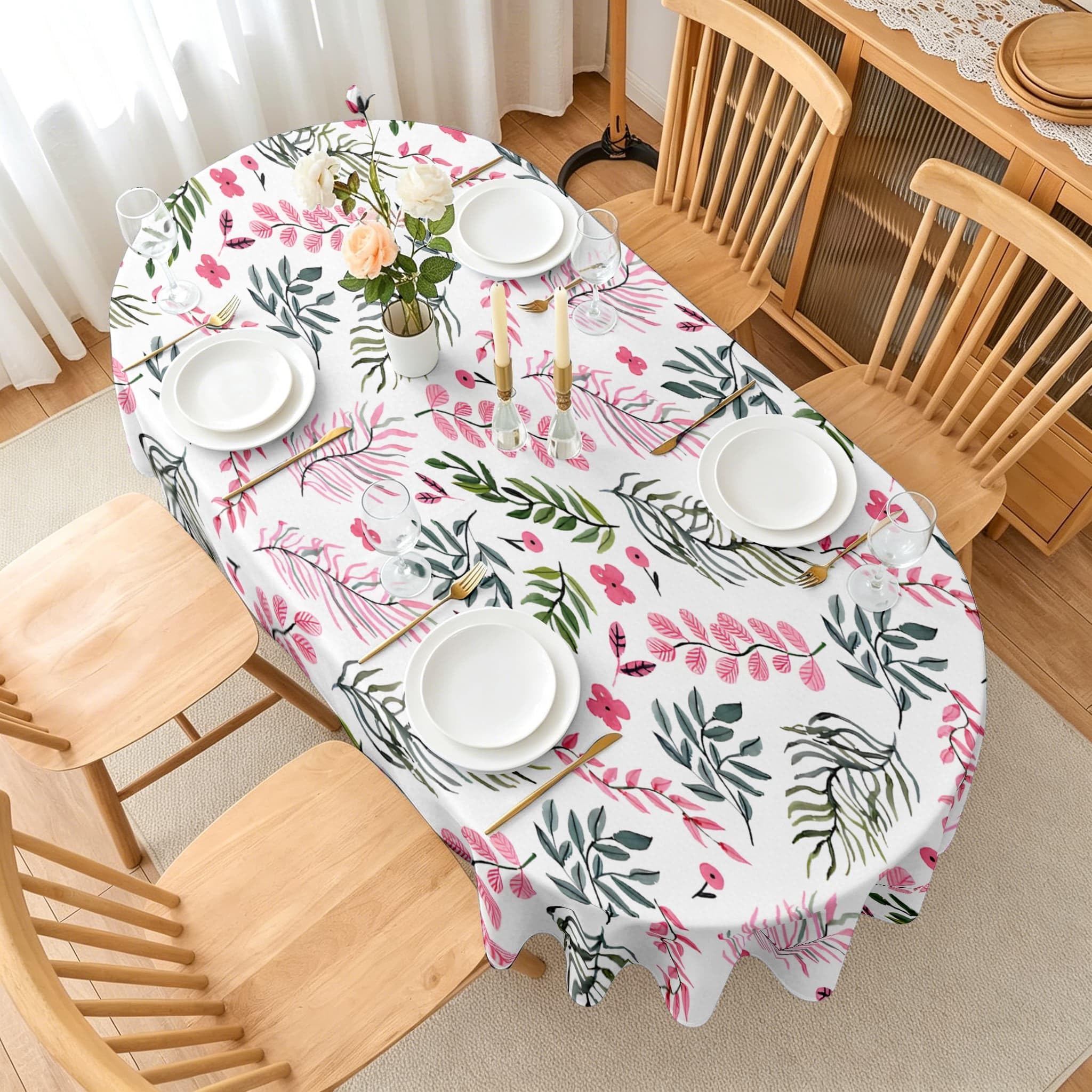 Feuilles Et Fleurs Nappe Ovale 160x200 cm Feuillage Printanier, Nappe de Table Motif Botanique en Polyester, Nappe en Tissu Imperméable et Anti-Tache, pour Cuisine, Salle à Manger, Jardin - S-79