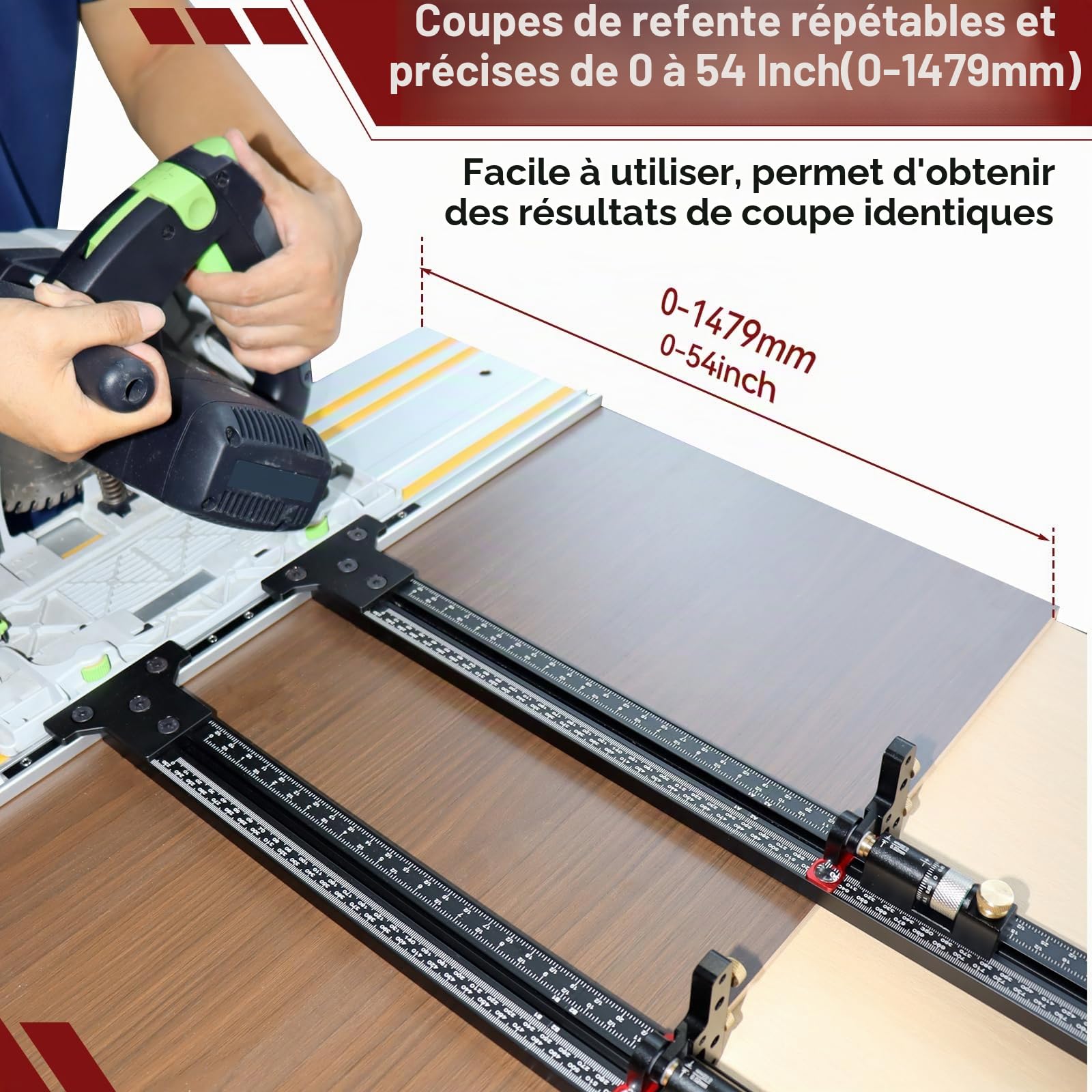 Système de guide parallèle pour scie à onglets, système de rail de guidage parallèle pour bois avec arrêt ajustable micro et inversé, outils auxiliaires de coupe avec calibration zéro pour Festool