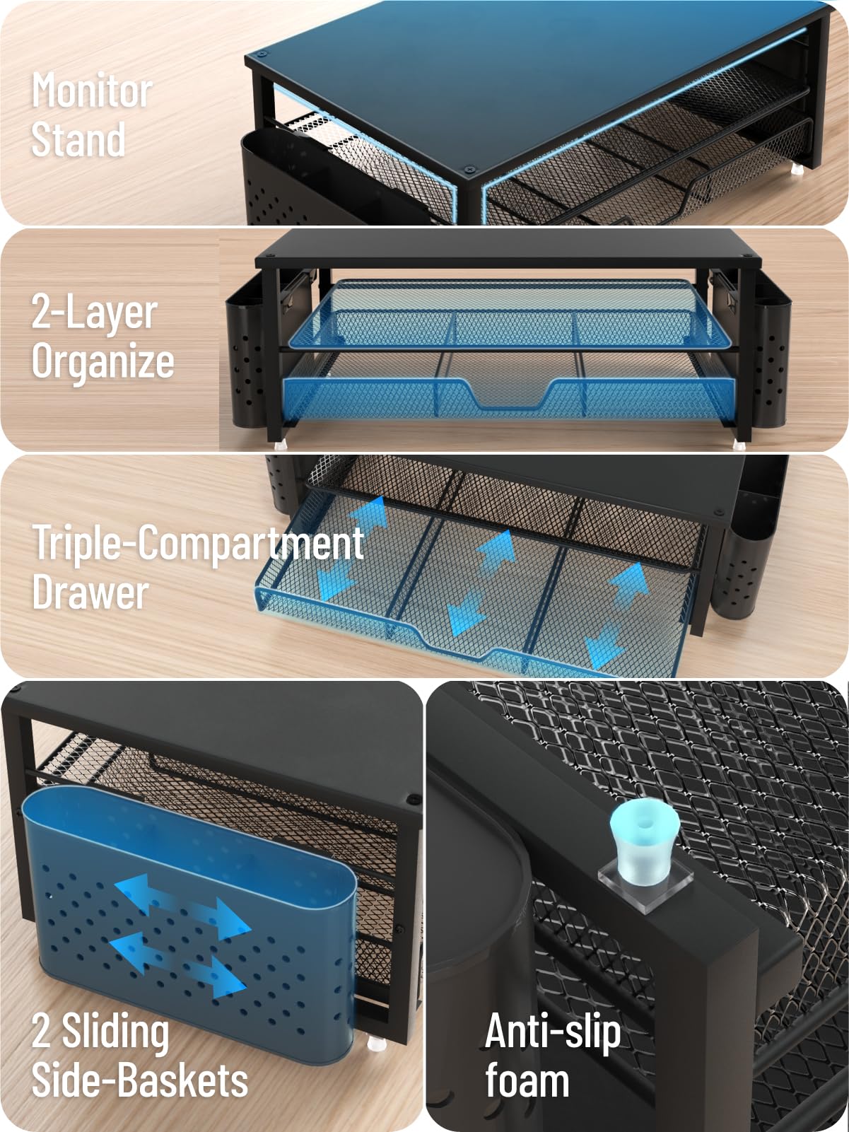 MOWETOO Soporte para monitor con 2 niveles, soporte para impresora, soporte para monitor con plataforma de rejilla, cajón y soporte para bolígrafos, adecuado para portátiles, ordenadores, PC — view 6