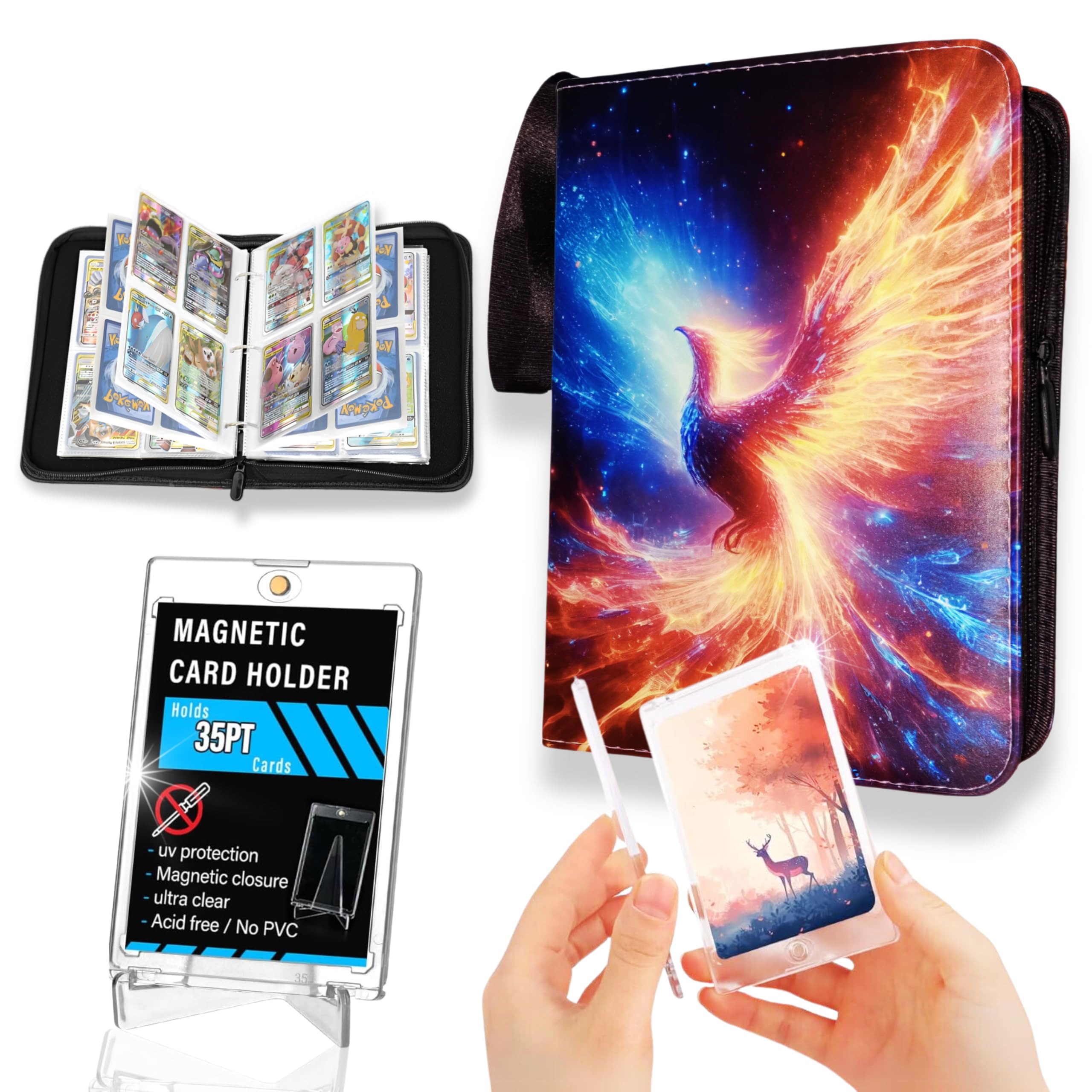 Álbum para Cartas Coleccionables con Cremallera +1 Tarjetero Magnético 35 TP Incluido, 50 Fundas para 400 Cartas, Álbum para Cartas de pokemon, TCG de Lorcana, Stumble Guys, Cromos Pokemon