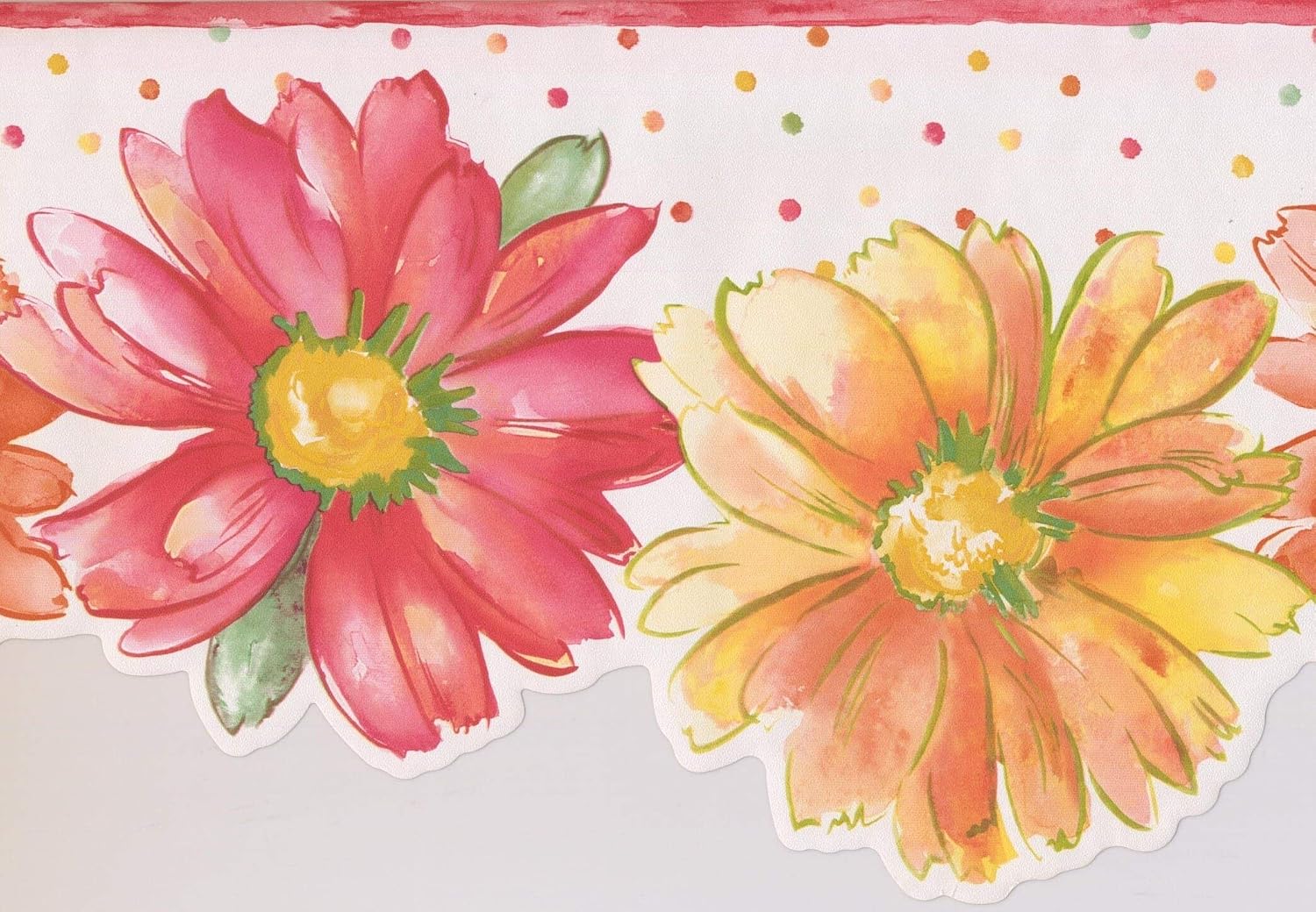 Red Yellow Orange Flowers Polka Dot Scalloped Kids Wallpaper Border Paint by Design, Roll 15' x 10"