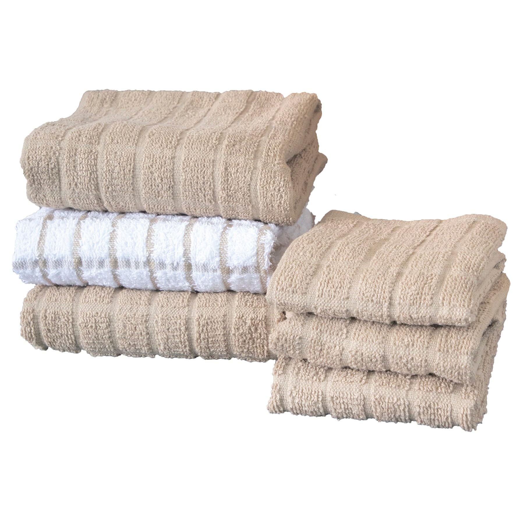 Ritz Premium Kitchen Towel and Dish Cloth Value Set: Highly Absorbent, Super Soft, Long-Lasting, 100% Cotton Checked and Solid Hand Towels, Tea Towels, Bar Towels - 6 Pack, Putty