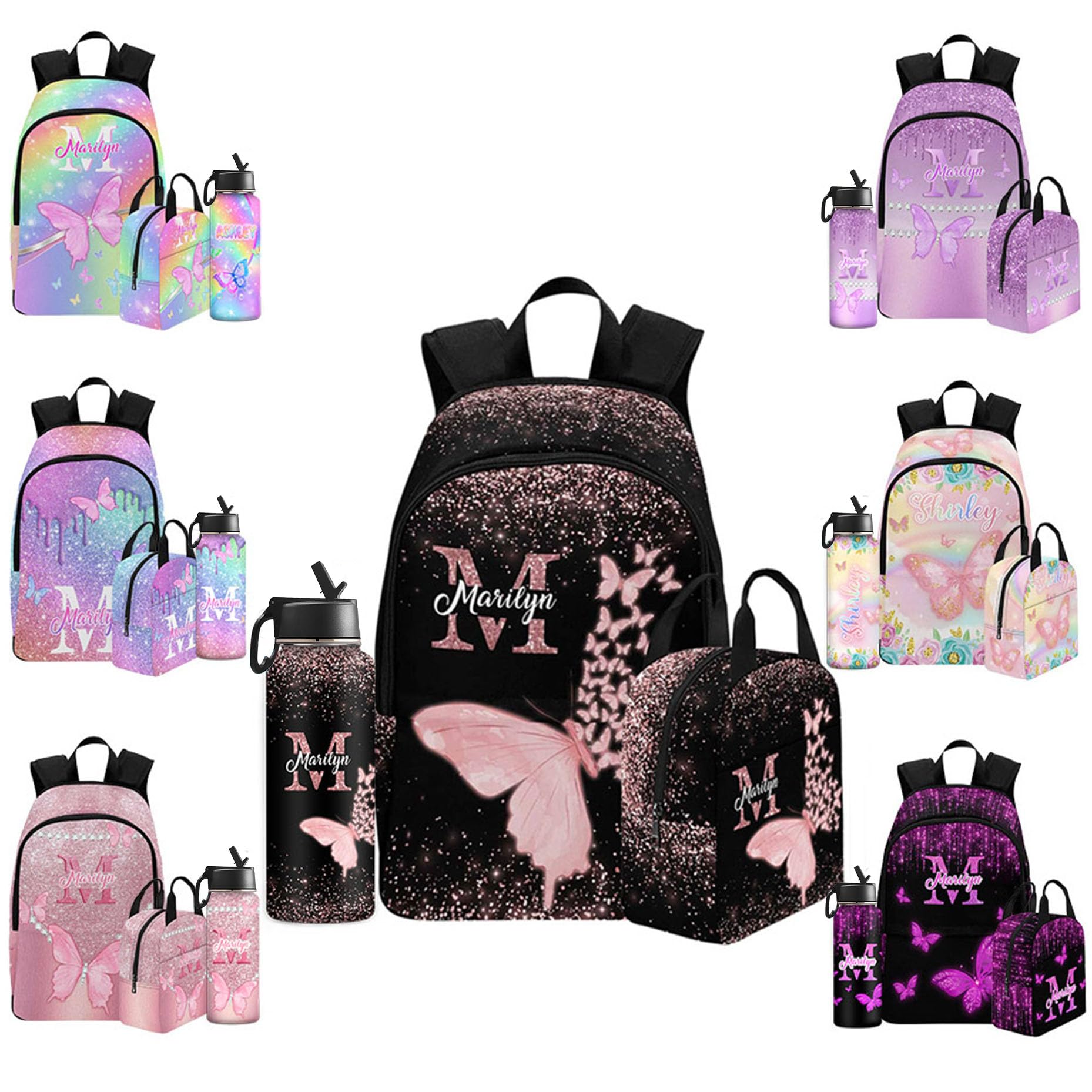 Enjoyyjl Custom Butterfly Backpack with Waterbottle for Girls Kids Personalized Name School Bag for Daughter Granddaughter 3 in 1 Bookbags Set