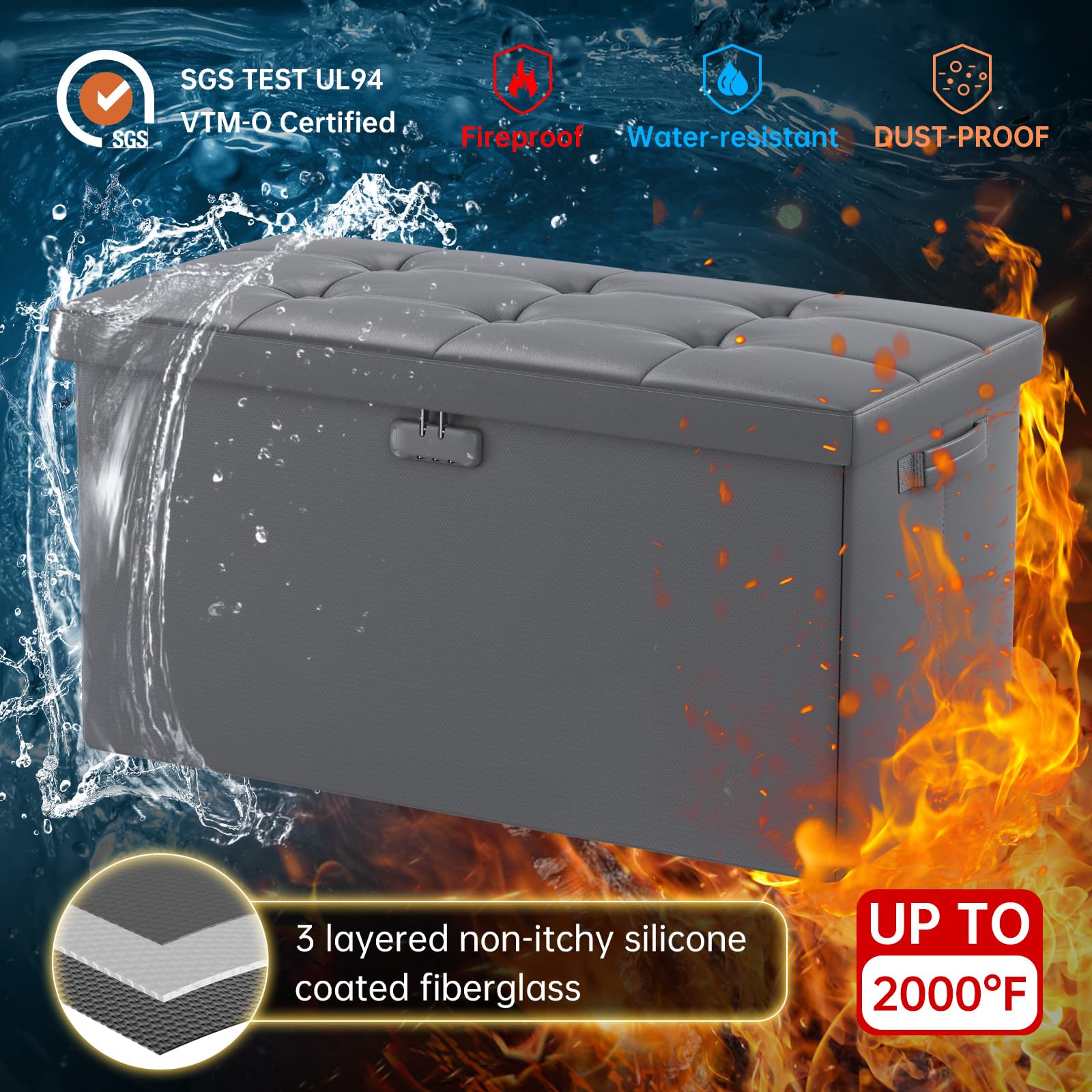Banco otomano de almacenamiento, banco plegable ignífugo con cerradura, 30 pulgadas, resistente al fuego y al agua, reposapiés, taburete otomano de cuero para dormitorio, seguro para documentos 2