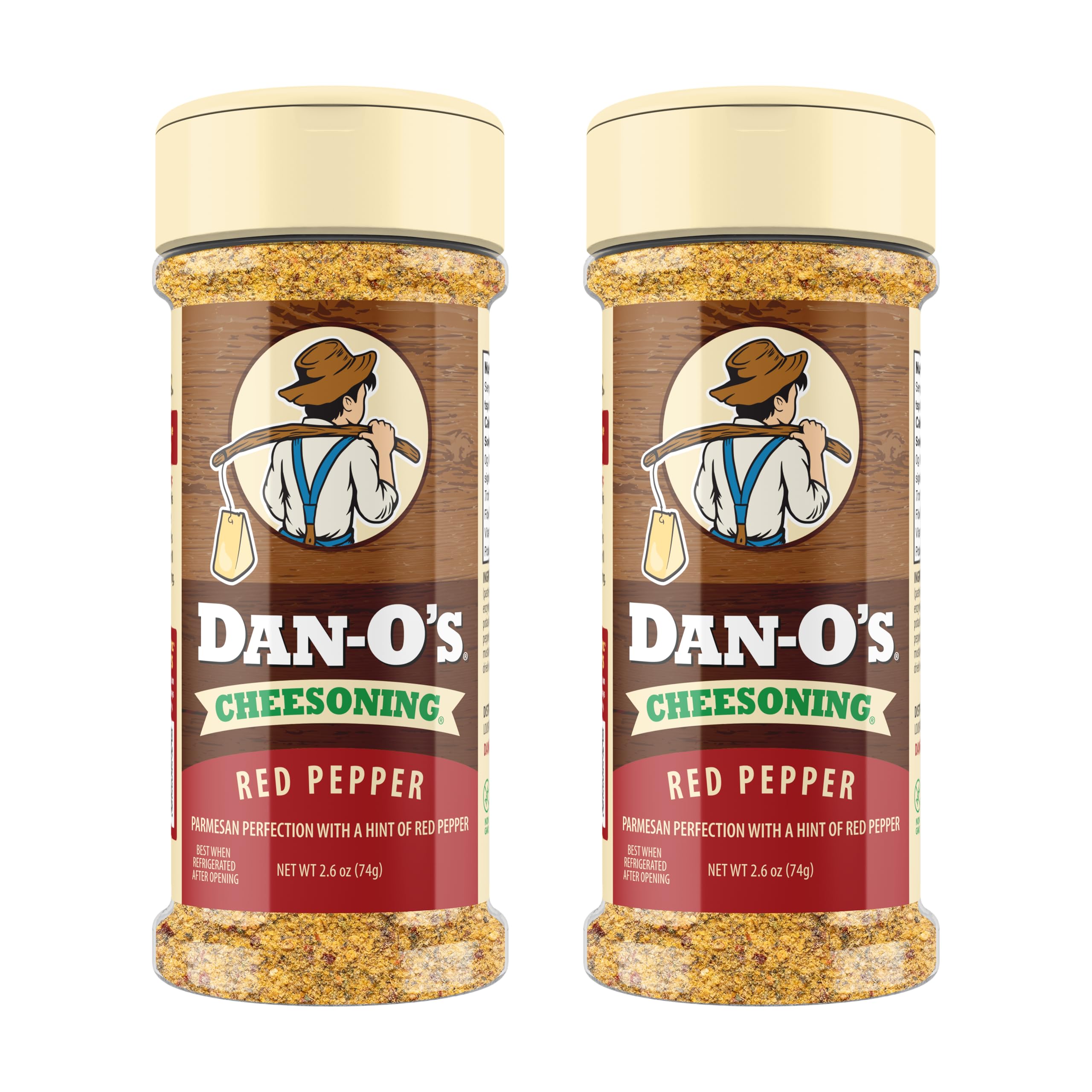 Dan-O's Red Pepper Cheesoning Seasoning, 2.6 oz Bottle, 2 Pack, Cheesy Seasoning for Pizza, Popcorn, Chicken and More, Sugar Free, Zero Calorie, Bold Parmesan Cheese Replacement for your Favorite Food