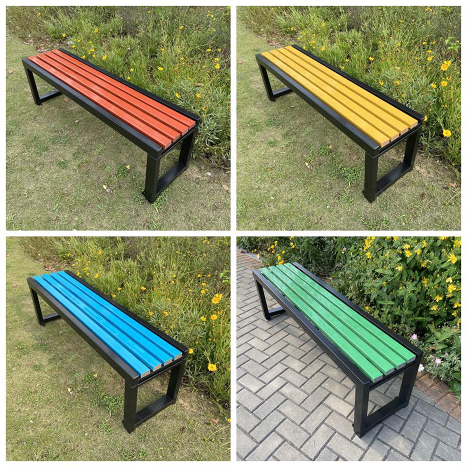 Panca da Esterno Mobili da Giardino Panchine da Patio Senza Schienale Panca da Giardino Metallo Legno Duro Ghisa(Black+Rainbow -150×40×45cm)