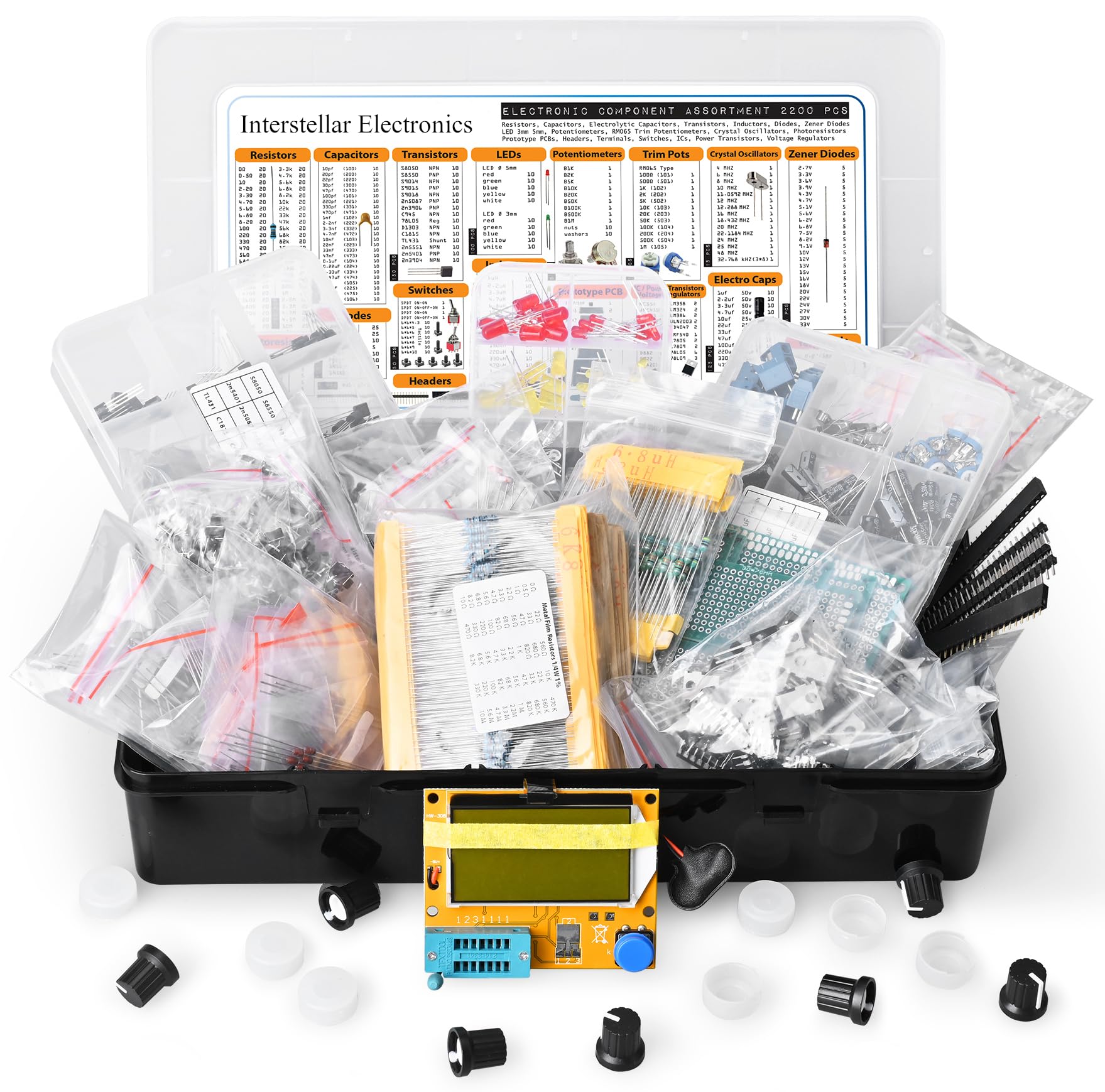 Electronic Component Assortment, Resistors, Capacitors, Inductors, Diodes, Transistors, Potentiometer, IC, LED, PCB, LCR Tester, 2200 pcs