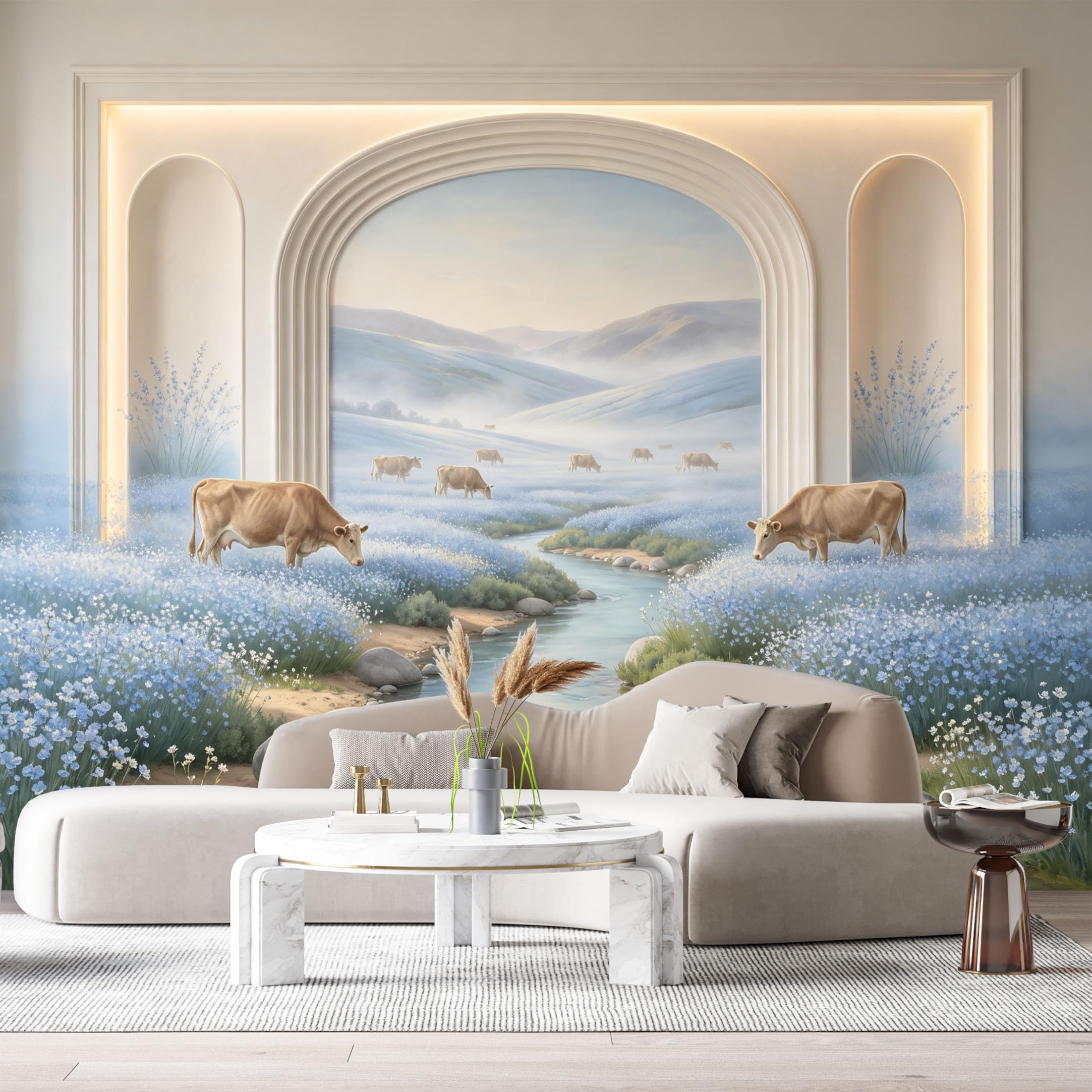 Custom Size Wall Murals Farmhouse Cattle River Landscape 3D Trompe L'Oeil SelfAdhesiveWall Fabric Removable Wallpaper Wall Decor for Living Room Bedroom Bathroom
