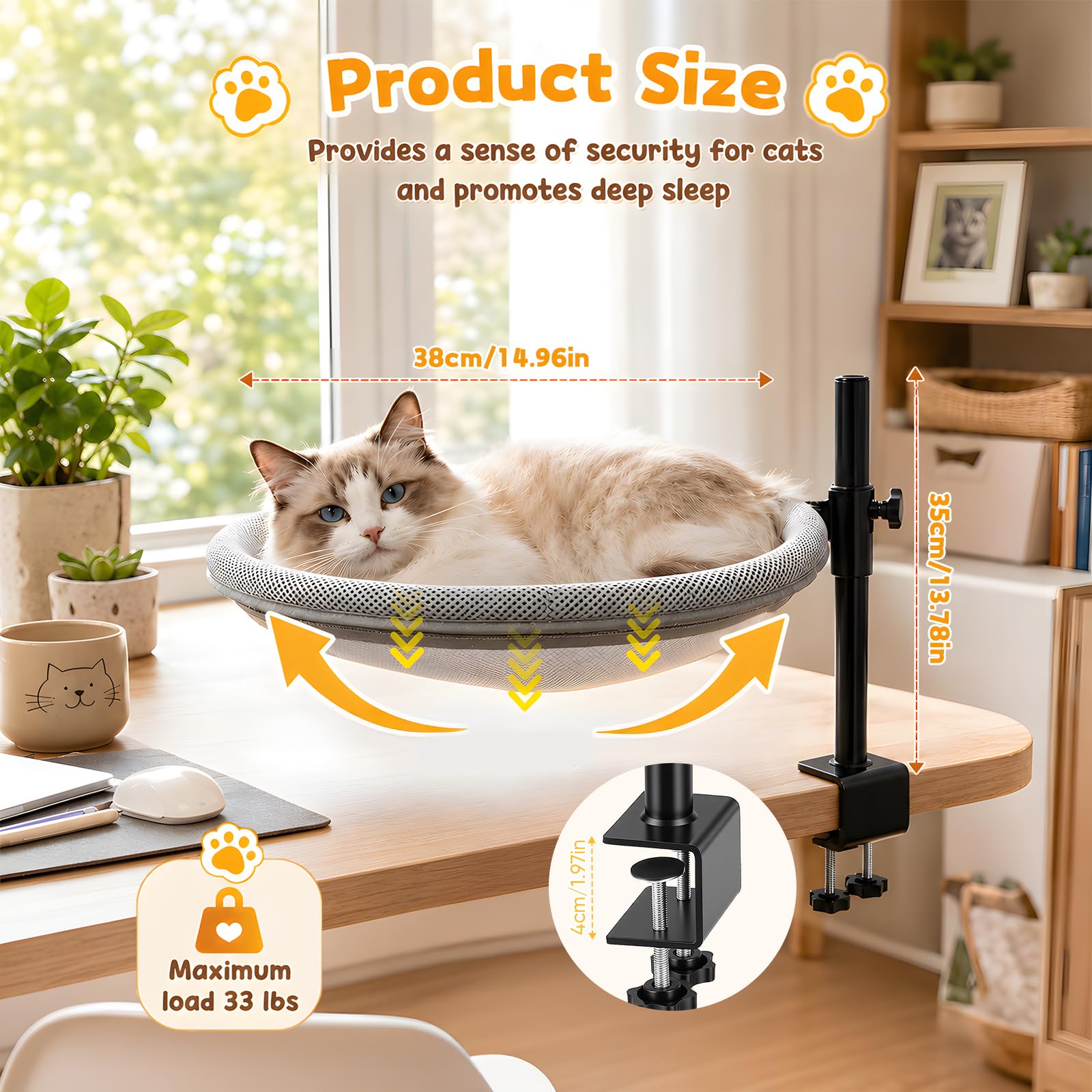 Cuccia gatti scrivania, Amaca gatti girevole a 360° e regolabile in altezza | Cuccia scrivania gatti Cuccia scrivania con rivestimenti rimovibili per gatti per casa e ufficio (fino a 15 kg)