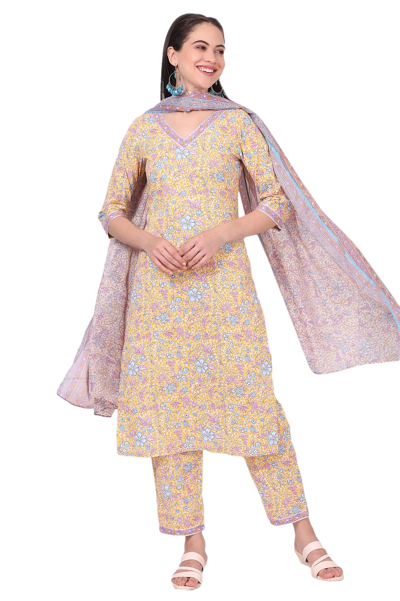 aurelia Women's Floral Printed Straight Pure Cotton Yellow Kurta, Pants and Dupatta Set-picture-30