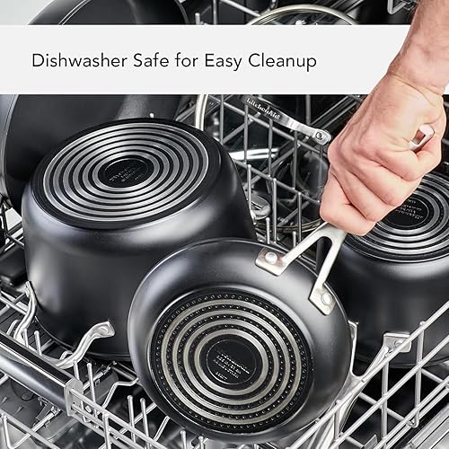 Miniatura 5 de KitchenAid Juego de sartenes antiadherentes de inducción anodizada dura con tapa, 3 piezas, sartenes de 8 y 10 pulgadas, duraderas, de calefacción