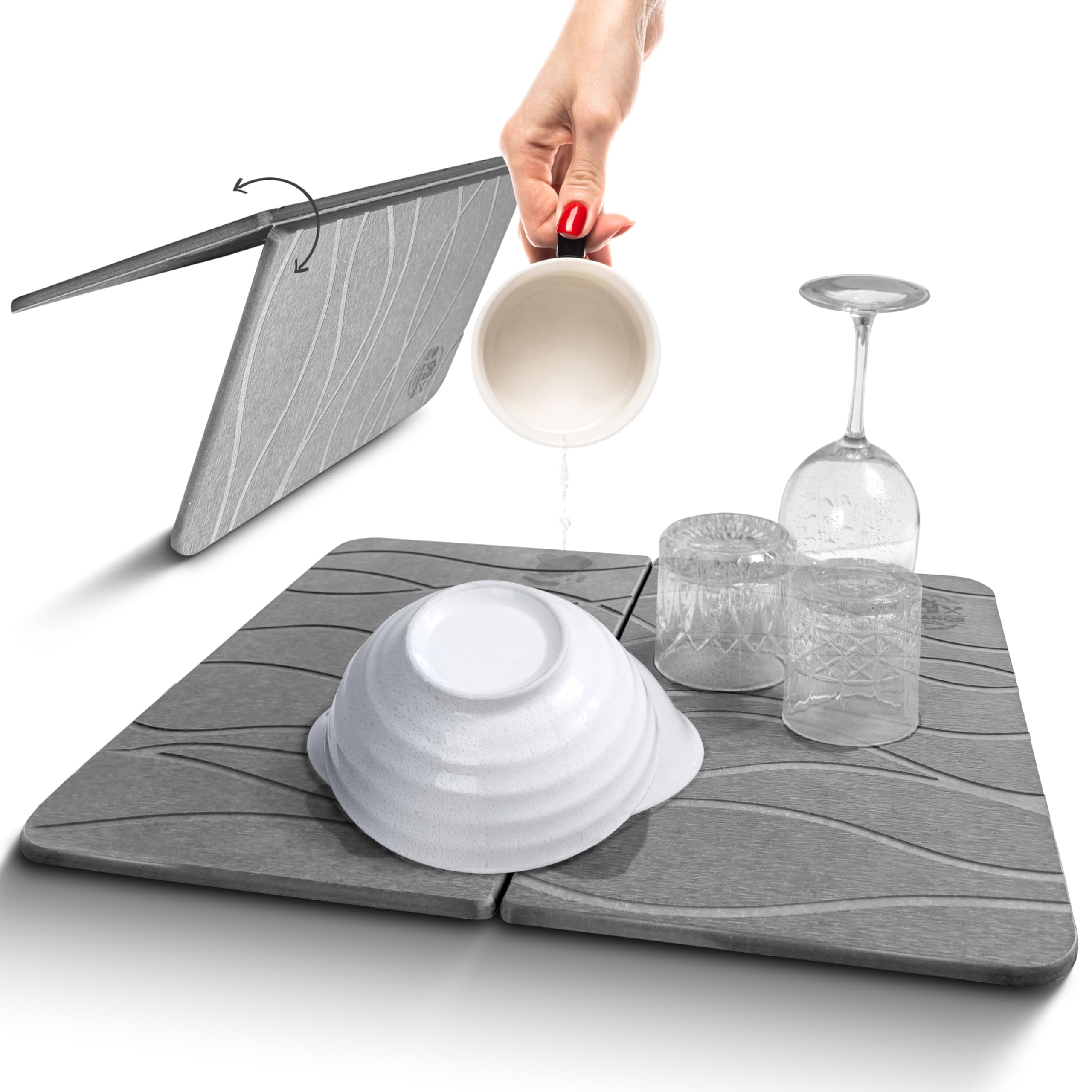 Stone dish drying mat for kitchen counter, foldable(17.7x 13.7 inches) Diatomaceous dish drying stone, water resistance, non-odour, quick-drying, natural and mineral-based drying stone