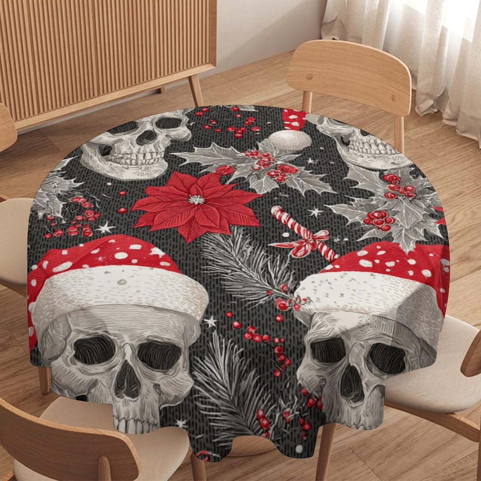 LUYYSKY Classic Realistic Skull Round Tablecloth Beautiful Gothic Christmas Skull Skeleton Snowflake Print Washable Decor for Table Cover for Kitchen-177.8" Wx177.8 L cm