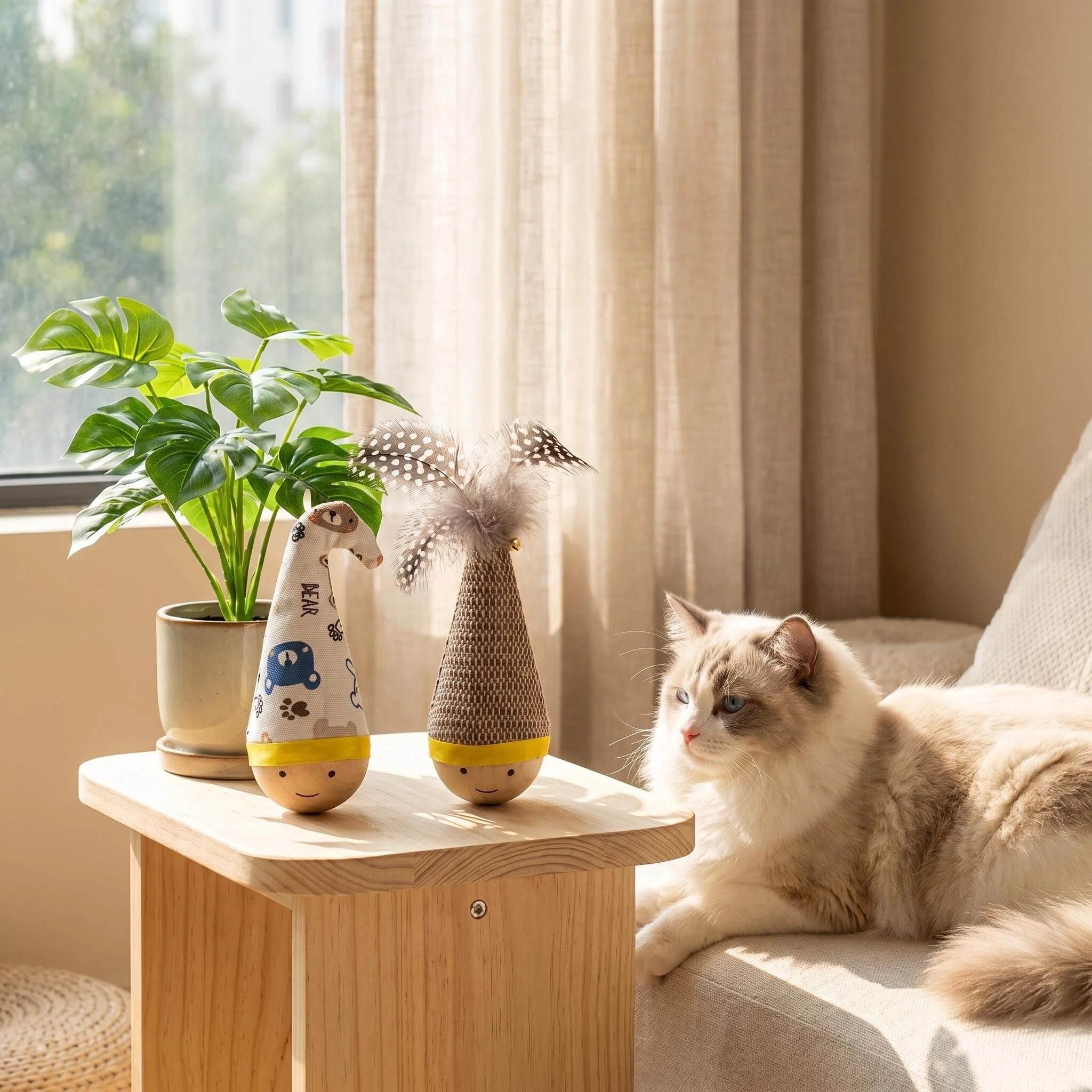 Cosiesnest 2PCS Cute Sisal Tumbler Cat Toy Interactive Wobble Toy for Cats, Cat Feather Toys with Bell, Perfect for Kittens to Bite and Kick Cats Self Play Wobble Ball with Feather