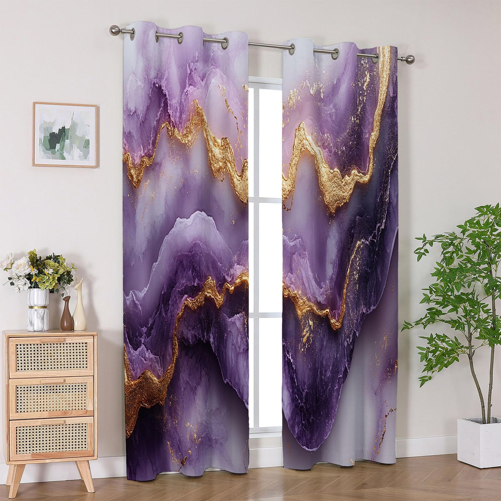 Aquarell Gardinen Blickdicht,Bunt Vorhänge, Abstrakter Purpurmarmor mit Goldadern Modern Abstrakte Tierdruck Vorhang, Verdunklungsvorhänge für Schlafzimmer Wohnzimmer,-H180 x B100 cm (2er Pack)