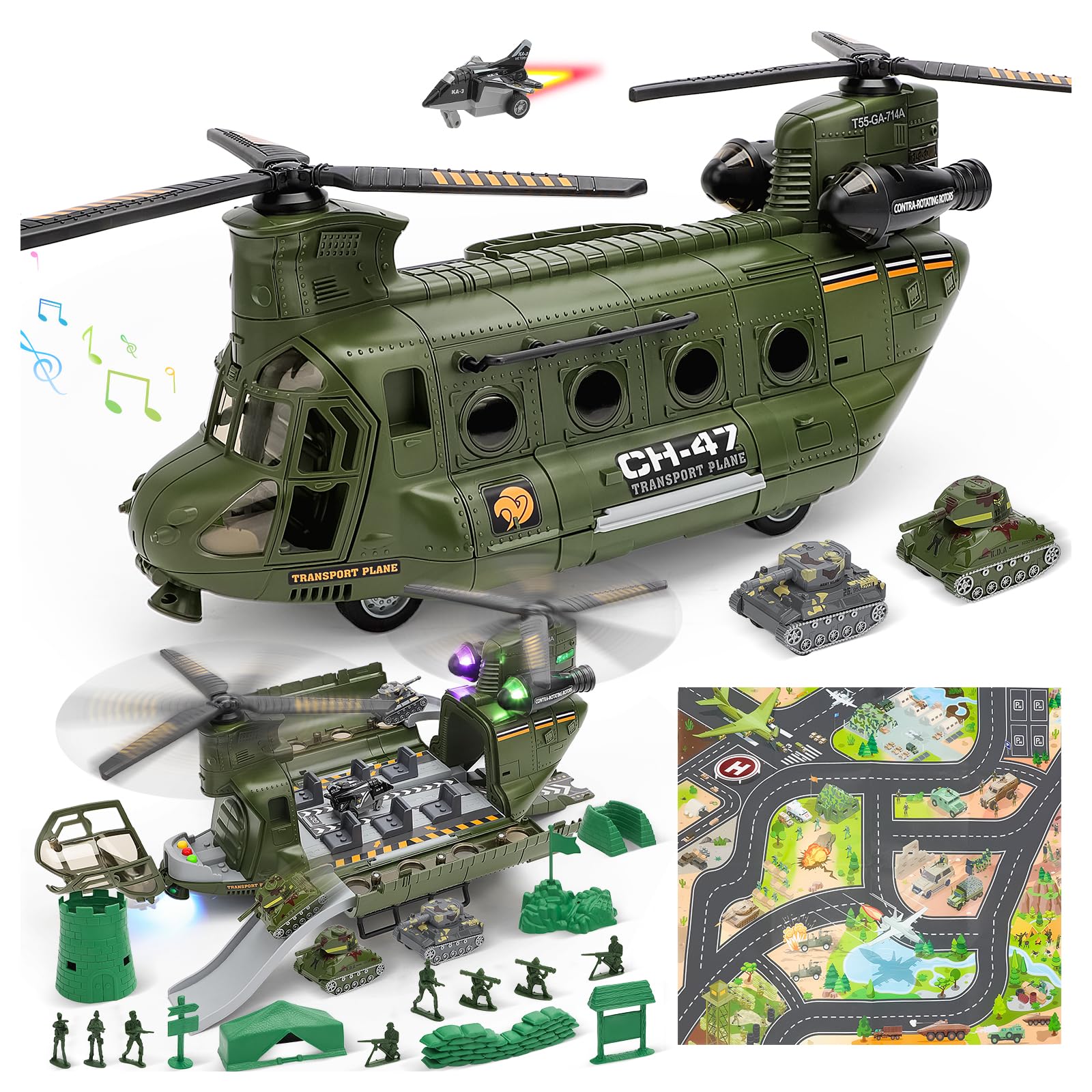 deAO Jeu de Jouets Hélicoptère Militaire Hélicoptère de Transport avec Son et lumière, Soldat Armée Hommes Figurines d'action, Jouets Armée Militaires Cadeaux d'anniversaire de Noël pour Enfant