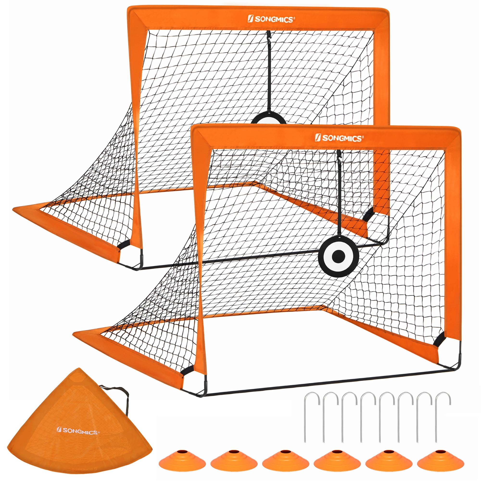 SONGMICS Fußballtor für Kinder, 2er Set, tragbar und faltbar, Garten, Park, Strand, Haltestangen aus Glasfaserstäben, orange SZQ422O01