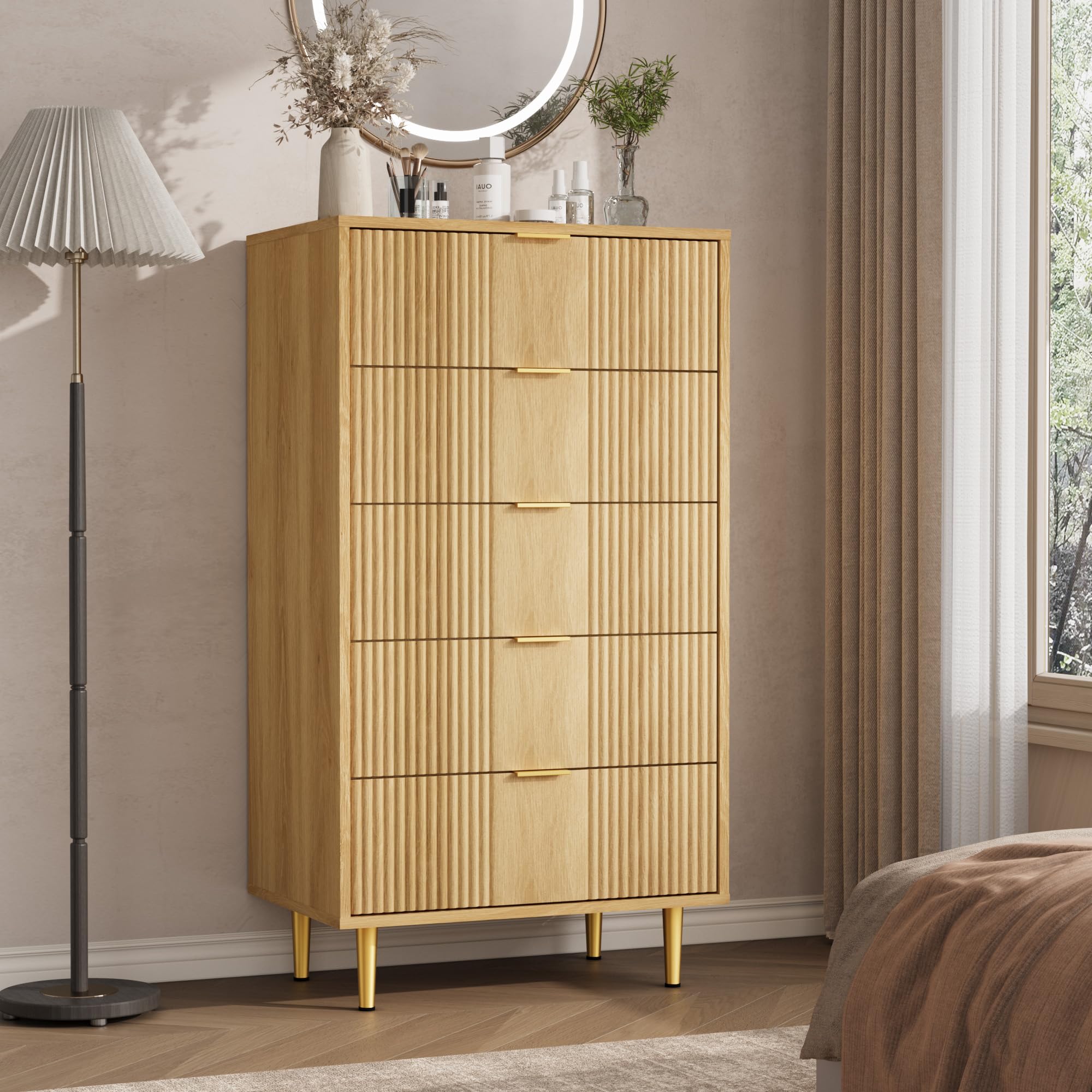 Garvee Kommode Mit 5 Schubladen, Komodenschrank, Schubladenschrank, Wäschekommode, Für Schlafzimmer Möbel Für Wohnzimmer Büro Flur,Eiche,60 x 40 x 112 cm
