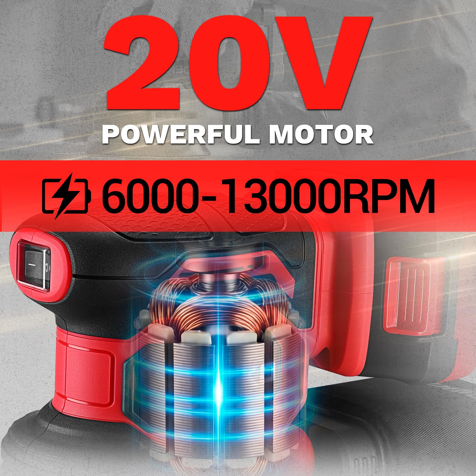 Levigatrice Orbitale a Batteria: DEKOPRO Levigatrice Rotorbitale con 1 Batteria 2000mAh, Orbitale per Legno da 125 mm, 13000 RPM, con Sacchetto per la Polvere e 15 Fogli di Carta Vetrata Rosso