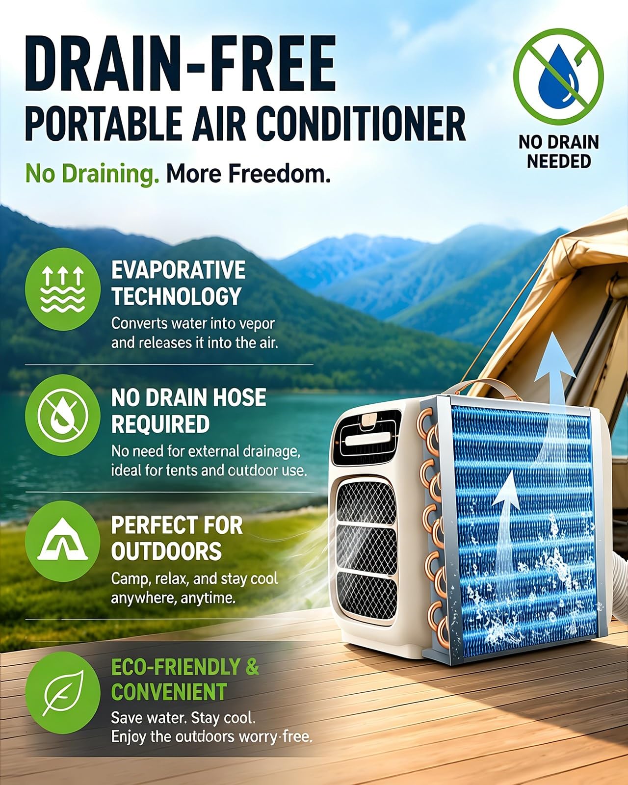 Aire Acondicionado con Compresor 4700 BTU, 4 Modos, Doble Tubo de Escape, Mando a Distancia para Camping y Dormitorios(Cooling DC 24V)