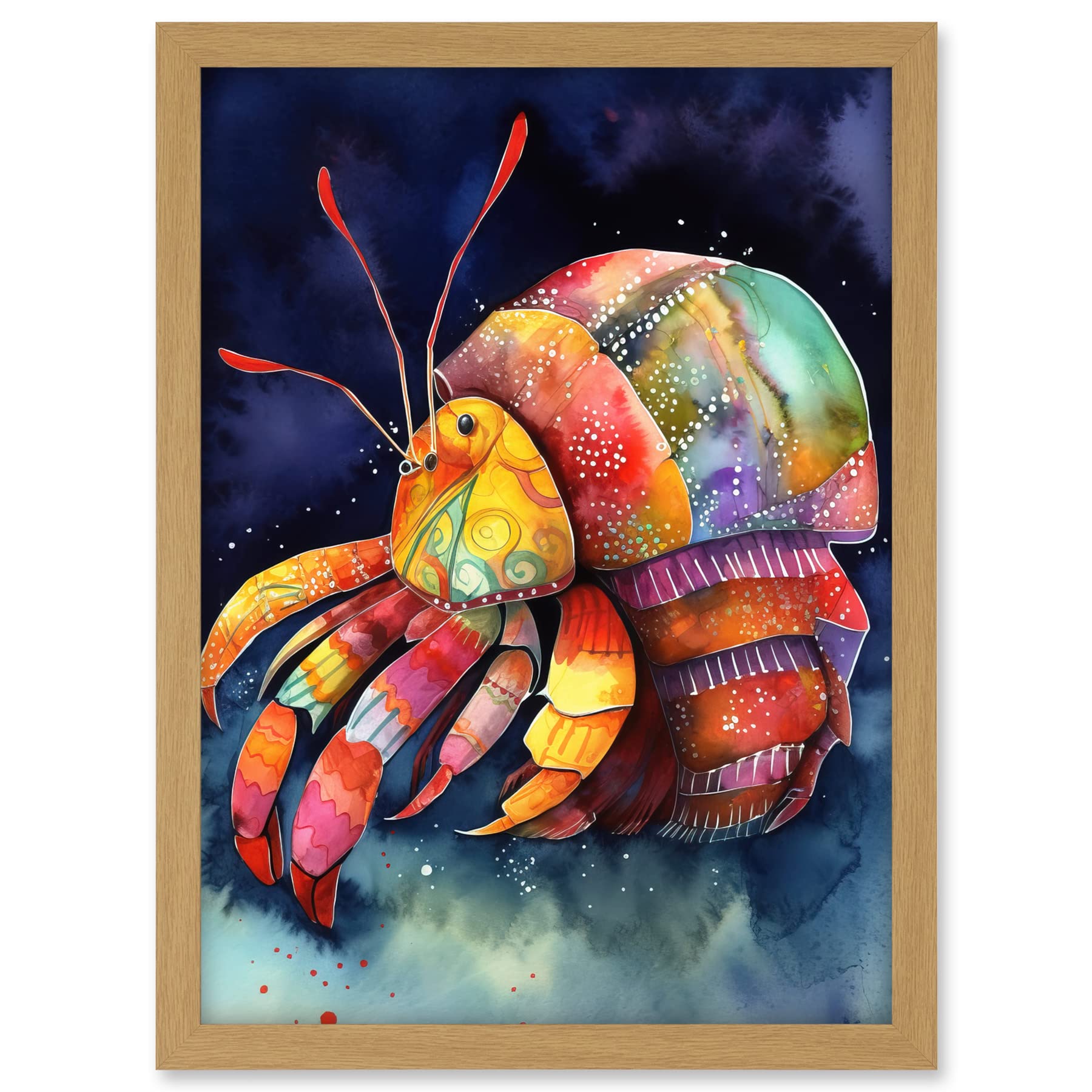 Artery8 Hermit Crab Vibrant Folk Art Watercolour Painting Artwork Framed A3 Wall Art Print