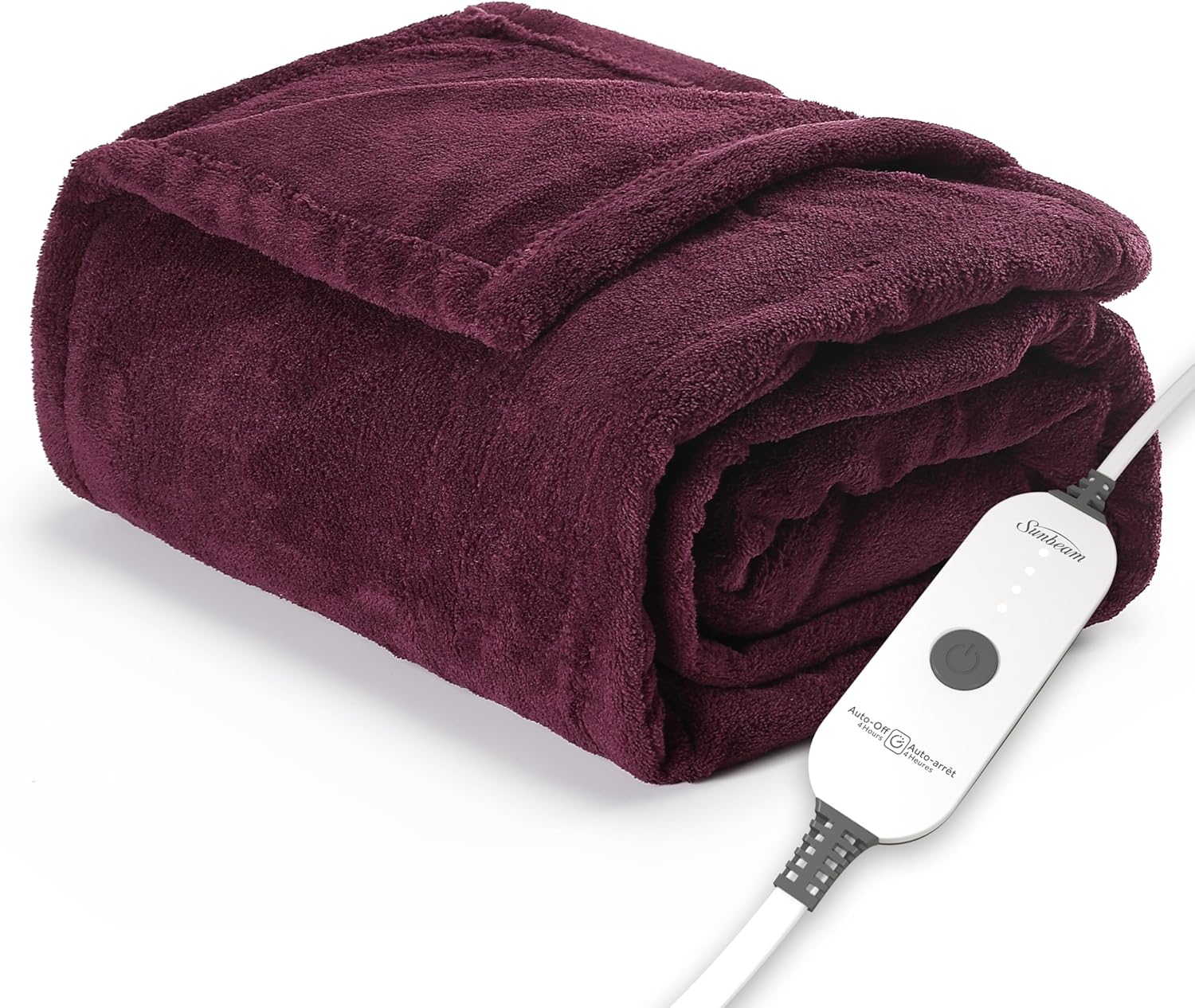 Sunbeam Electric Throw Royal Luxe Microplush Heated Blanket, 4 Heat Settings, 4-Hour Auto Shut-Off, Fast Heating, Warm and Cozy, Cabernet Red Color, 50" x 60" Cabernet Throw