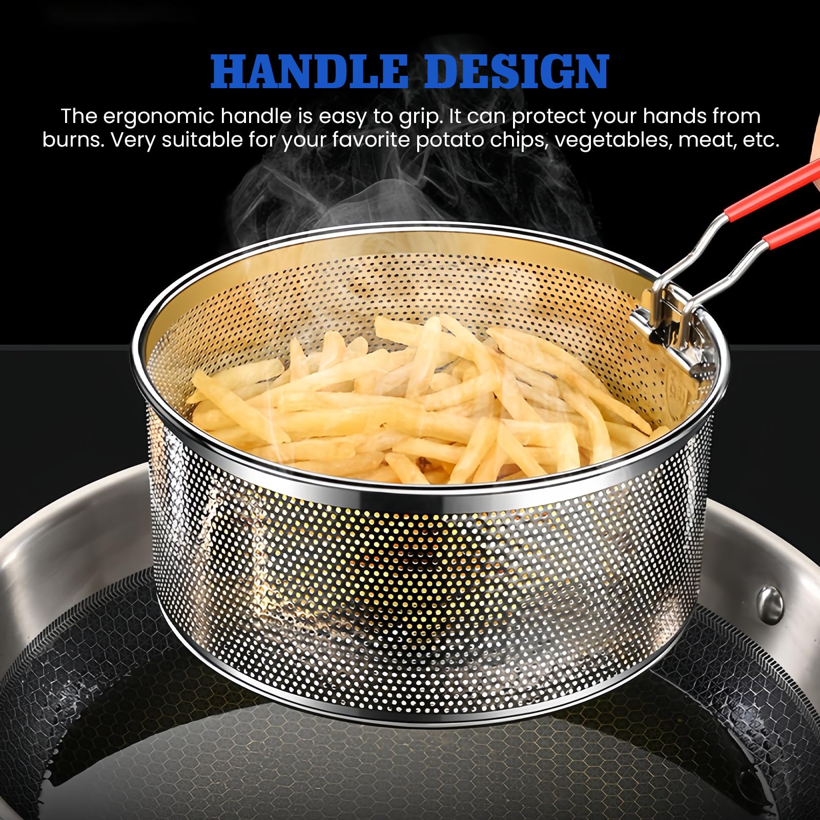 2 cesti per friggere con manico, mini cestini per patatine fritte, in acciaio inox, per patatine fritte, per pasta, cestino per la cucina