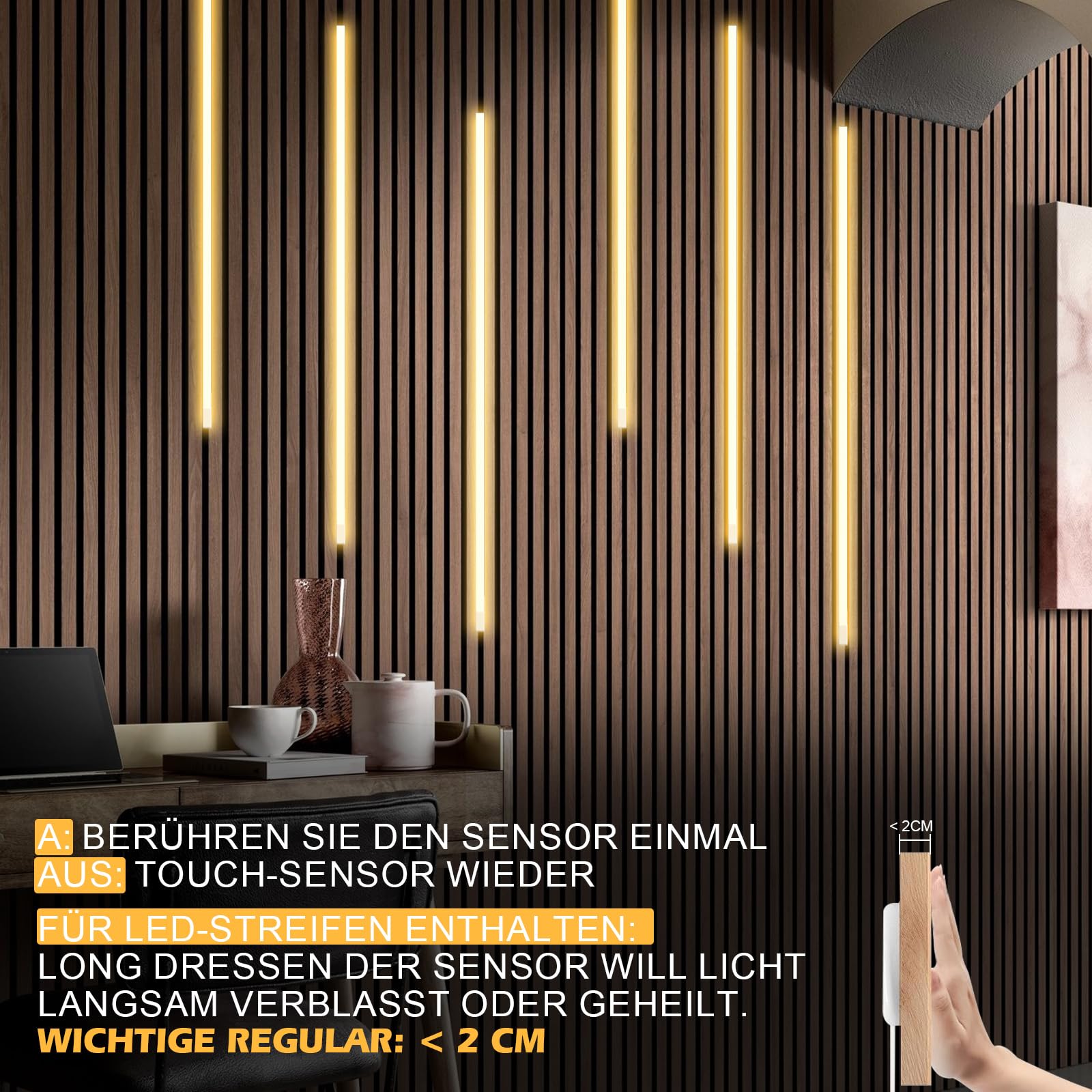 LED für Akustikpaneele,6 Stück Dimmbare LED Strip mit Berührungssensor | 6 x 90cm Warmweiss Led Leiste 12×12mm Led Leiste Eingebetteter Zubehör Akustikpaneele