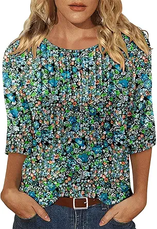 KISSMODA Tunic Tops for Women Loose Fit Dressy Round Neck Pleated 3/4 Length Sleeve Spring Tops