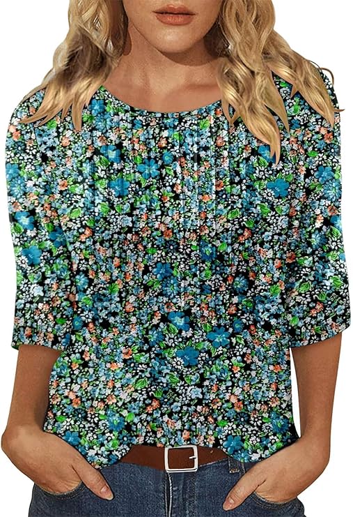 KISSMODA Tunic Tops for Women Loose Fit Dressy Round Neck Pleated 3/4 Length Sleeve Spring Tops